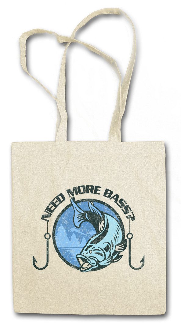 Urban Backwoods Beuteltasche Need More Bass Stofftasche Barsch Fun Music Musik Electro Elektro (1-tlg), Angeln Angler Harpune Skelett