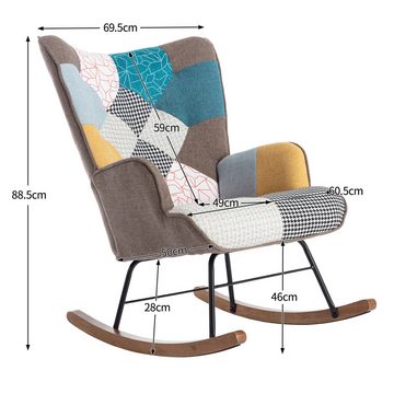 IDEASY Schaukelstuhl Schaukelstuhl, hohe Rückenlehne, Sessel mit Holzbeinen und, Patchwork-Leinen, Stoffpolsterung, Gestell aus Massivholz