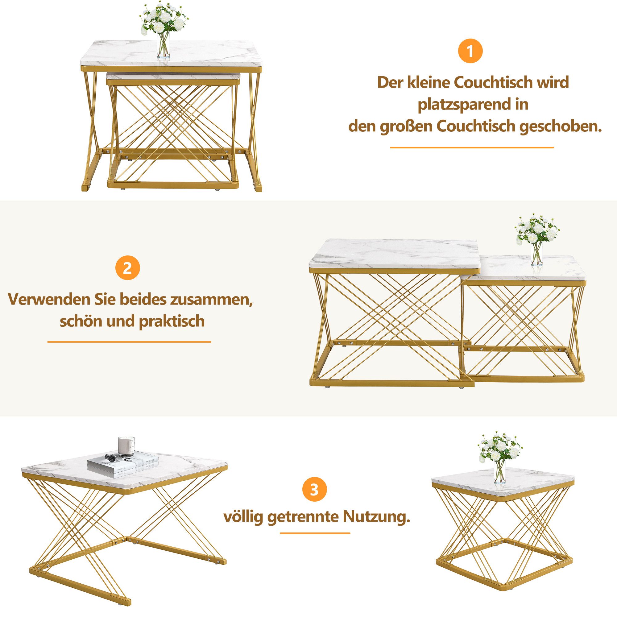 Merax Couchtisch, Set mit Stahlrahmen, Beistelltisch Hochglanz Marmoroptik, günstig online kaufen