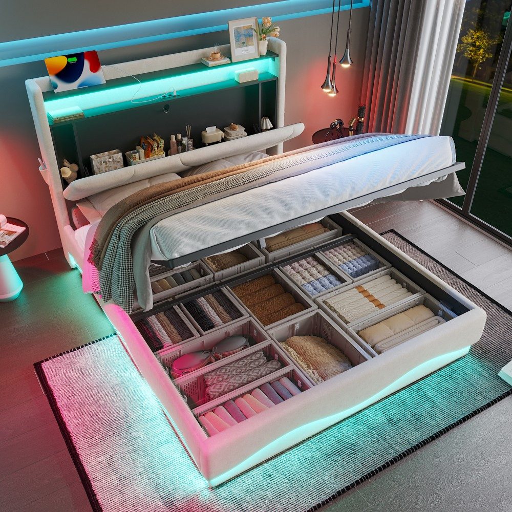 TavilaEcon Boxspringbett Modernes Polsterbett mit Stauraum im Kopfteil und LED-Beleuchtung (1-St), mit Lattenrost, USB- und Type-C-Anschlüsse