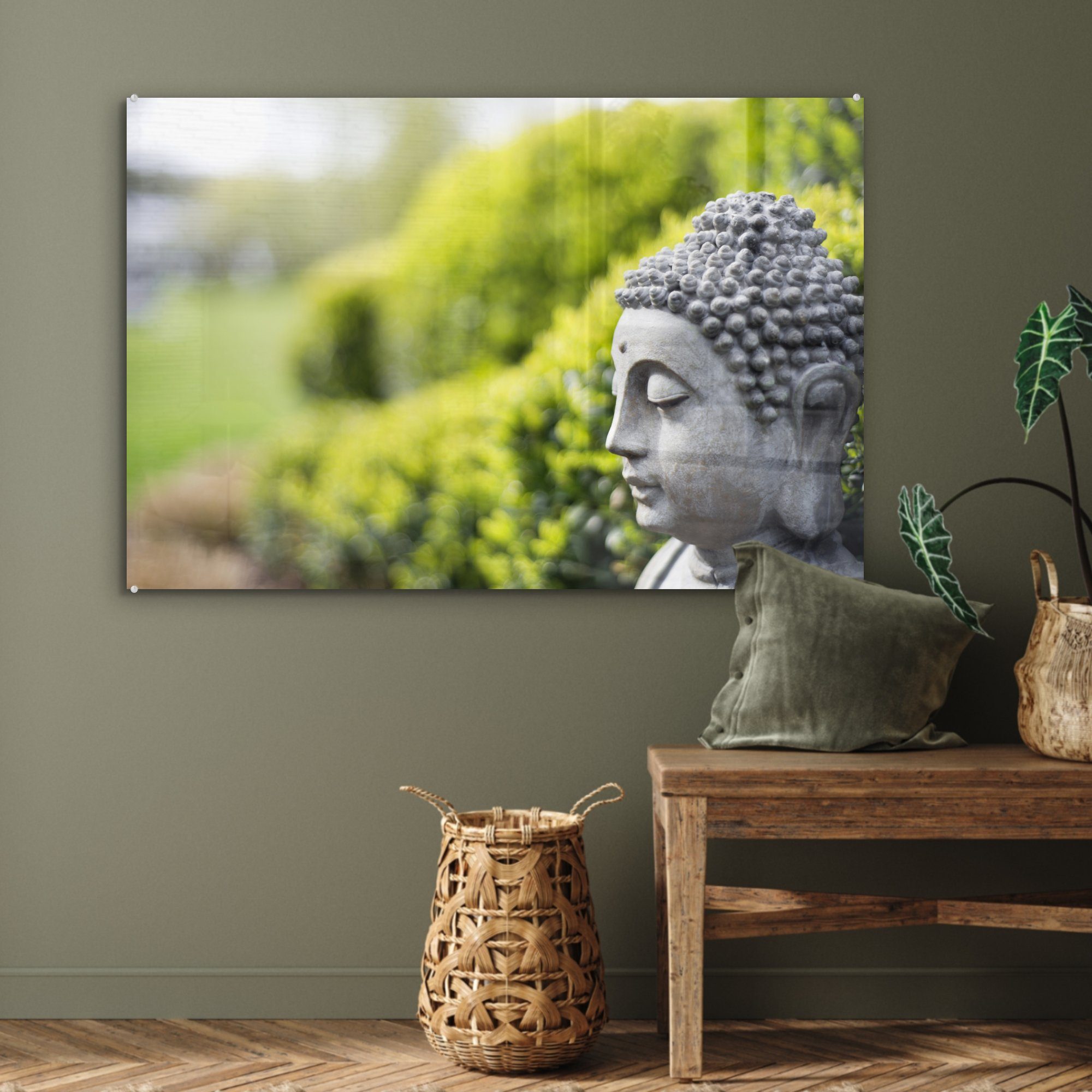 MuchoWow Garten, Acrylglasbilder Wohnzimmer & St), in Acrylglasbild Schlafzimmer einem (1 Buddha-Statue