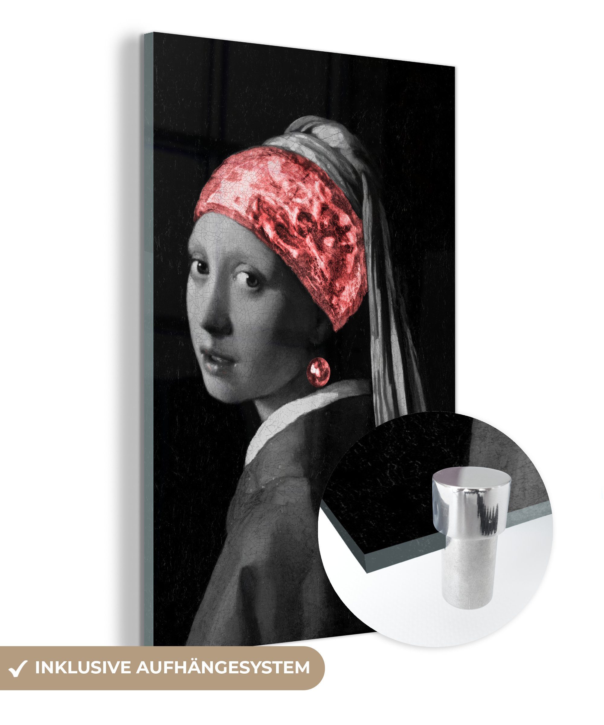 MuchoWow Acrylglasbild Das Mädchen mit dem Perlenohrring - Johannes Vermeer - Rot, (1 St), Glasbilder - Bilder auf Glas Wandbild - Foto auf Glas - Wanddekoration