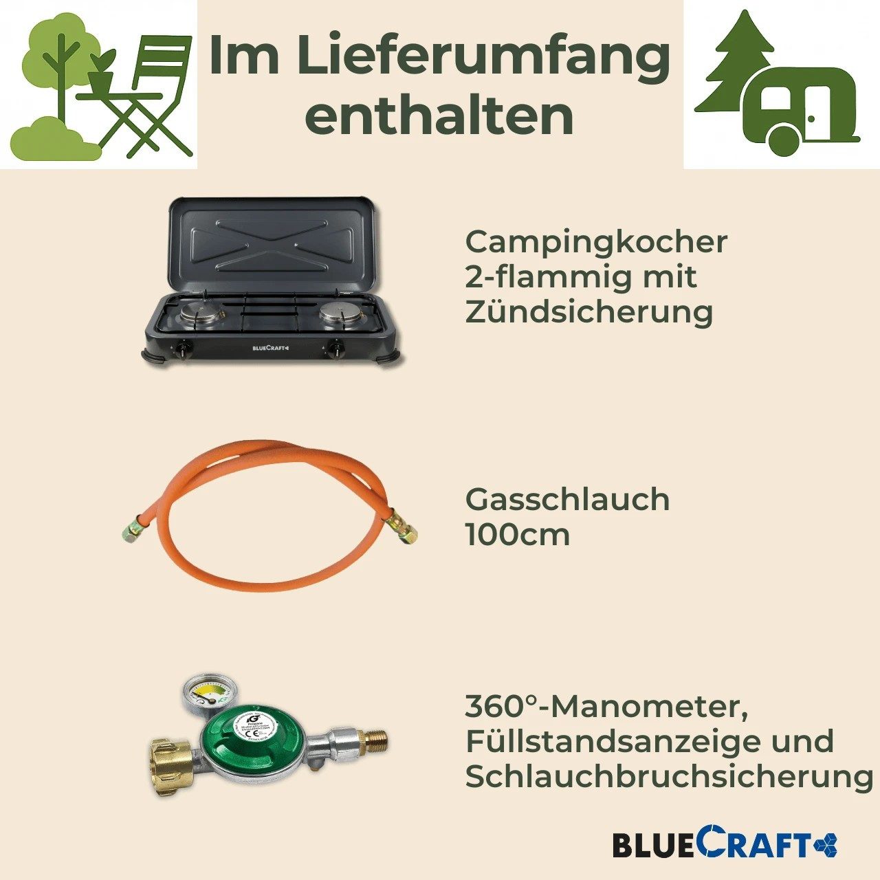 BlueCraft Gaskocher 2 flammig mit Zündsicherung 50mbar Propan Gas Campingkocher 4,4 kW, (mit Schlauch 100 cm und Gas Regler Druckminderer mit Manometer), Campin – Bild 5 von 5