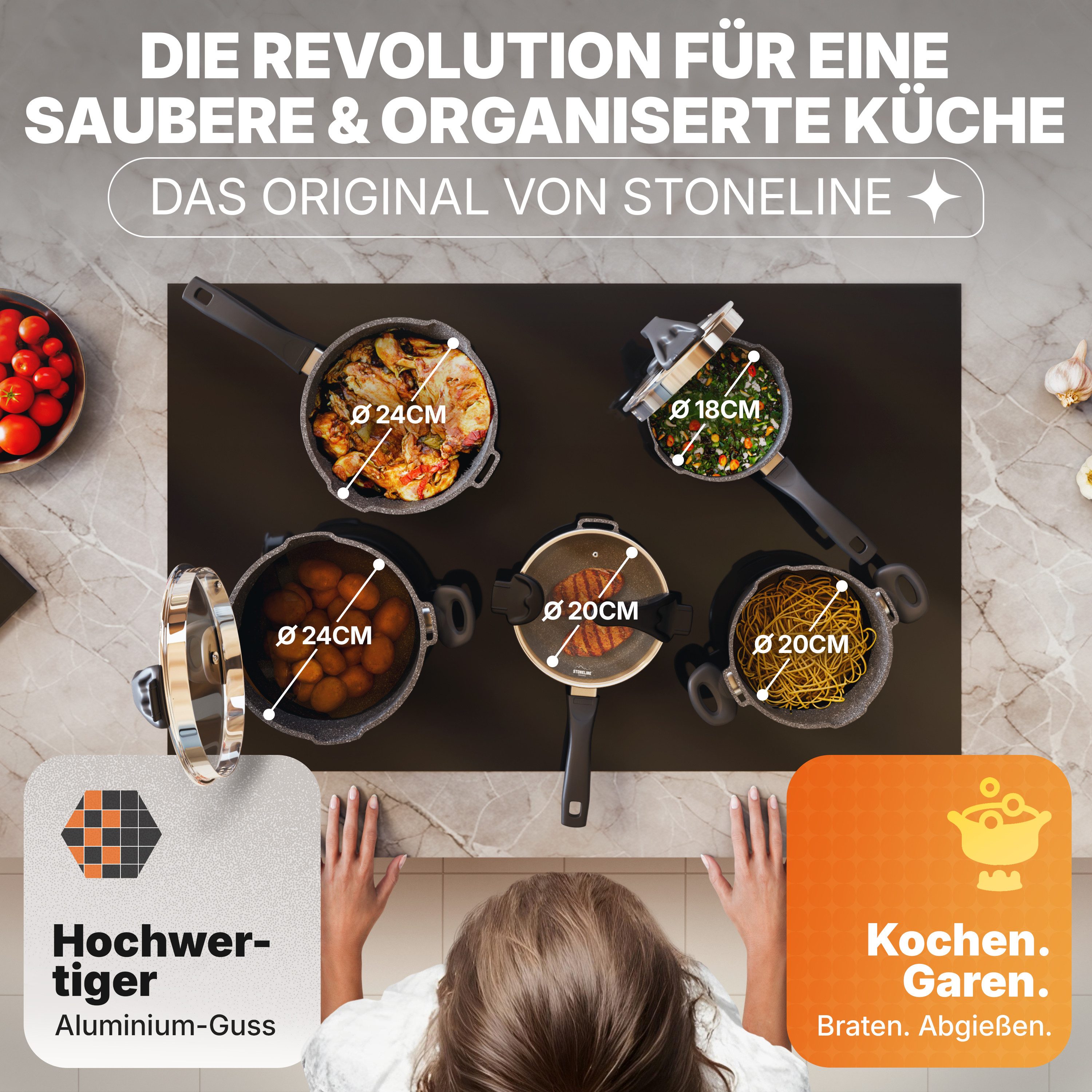 STONELINE Topf-Set Kochgeschirr-Set, mit Siebglasdeckeln, induktionsgeeignet (8tlg, grau), Aluminiumguss (8-tlg), mit echten Steinpartikeln, induktionsgeeignet, Designed in Germany