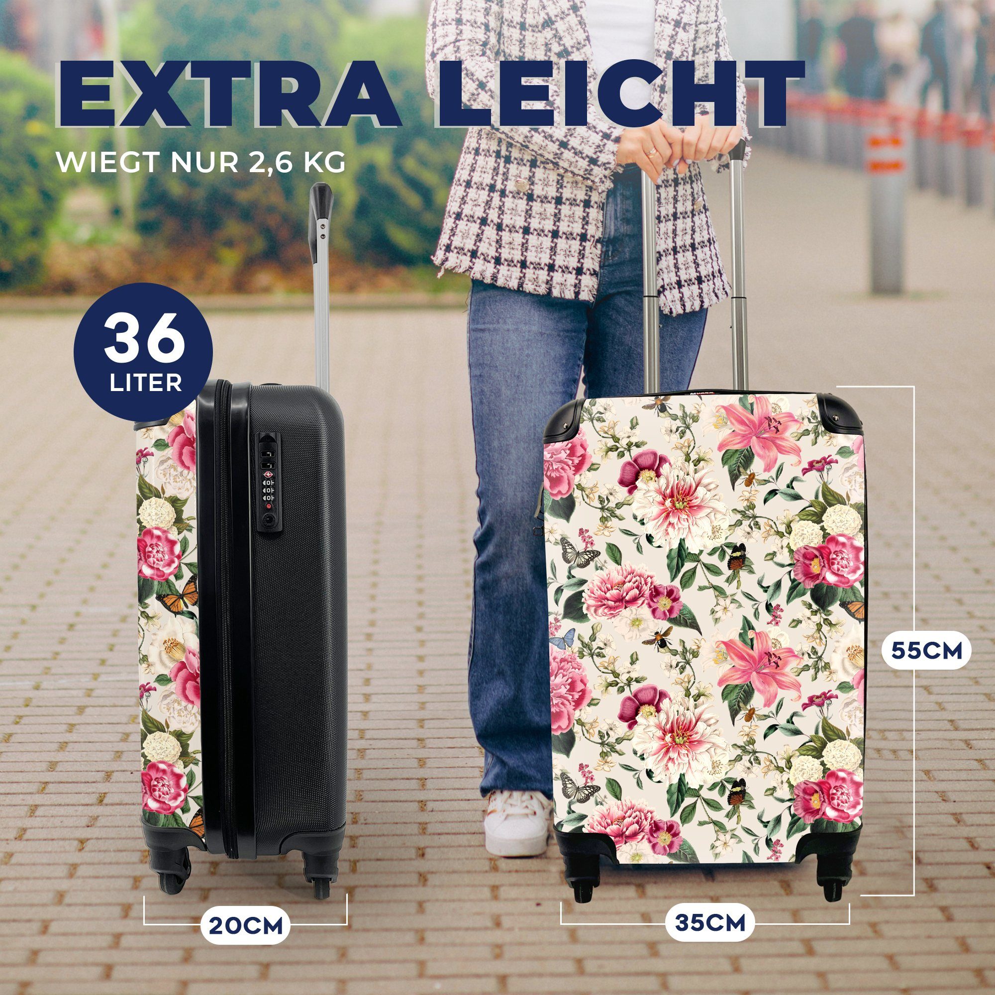 Reisekoffer für MuchoWow Trolley, Ferien, Insekten Handgepäck mit 4 Reisetasche rollen, Handgepäckkoffer - Blumen Rollen, Rosa, -