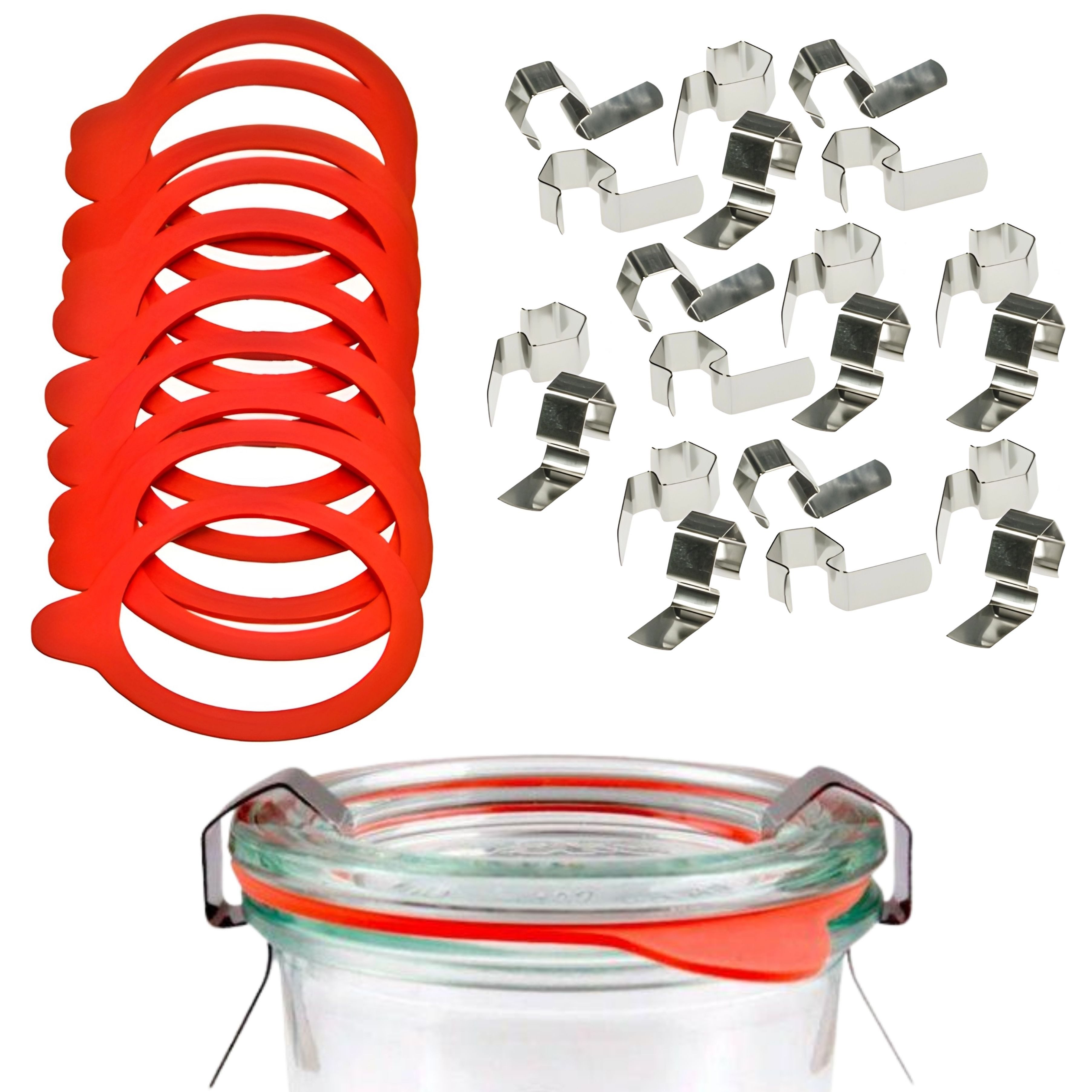 mikken Einmachglas Einmach-Set für 10 Weckgläser WECK Gummiringe 54x67 mm & Klammern, (Einmachset, Zubehör zum Einmachen und Einkochen), luftdicht, RR60, für Weck-Gläser & Rundrand-Gläser mit Ø 6 cm