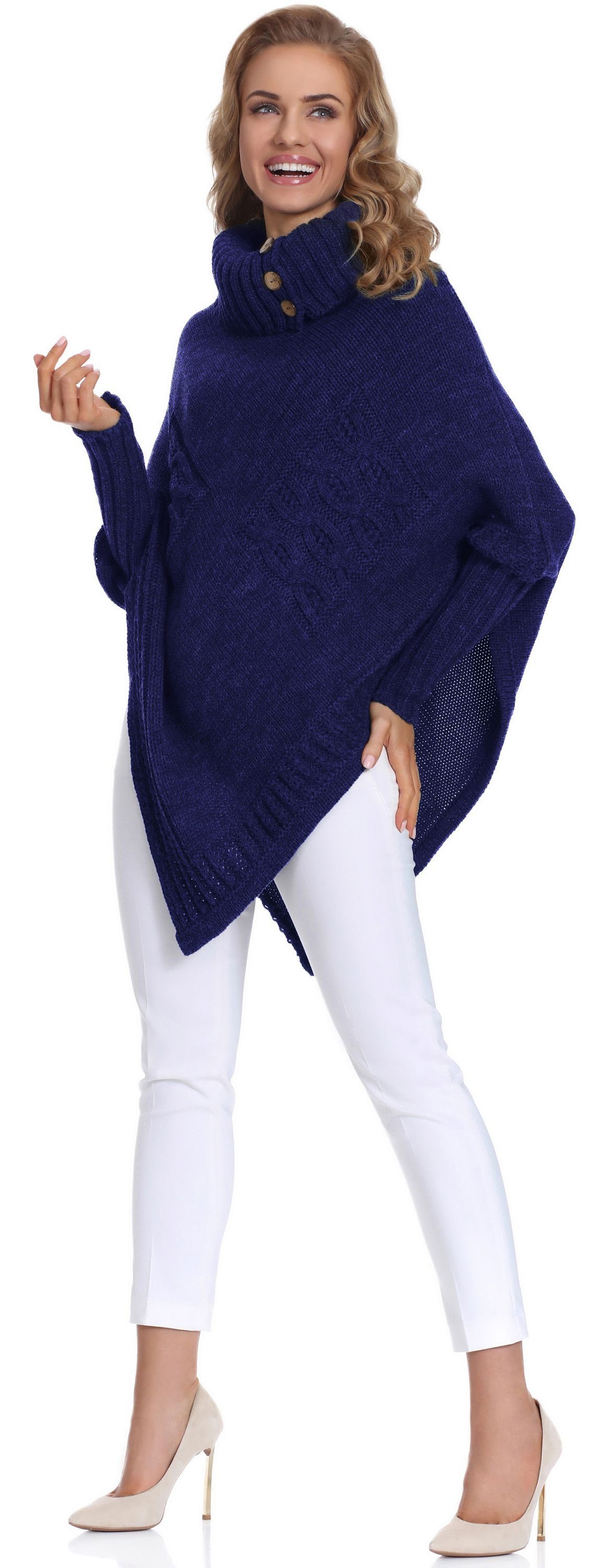 Style Poncho Damen M83N4 Dunkelblau Strickponcho Merry