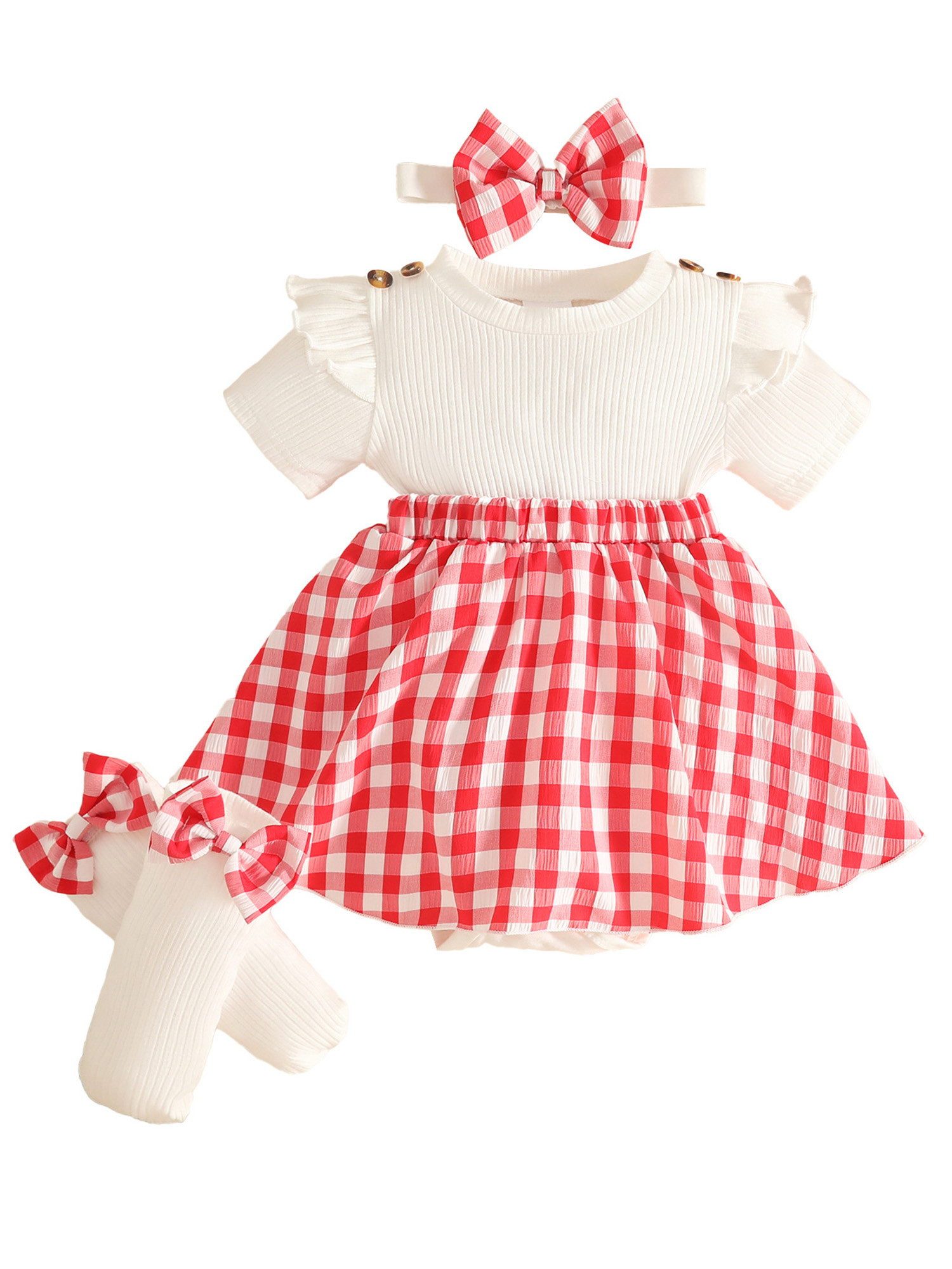 Gluckids Strampler Stramplerkleid für Babys mit Karomuster, Partykleid, Geburtstags (Set, 3-tlg) Sommer Baby Mädchen Kleidung, Kleid & Kniehohe Socken & Haarband