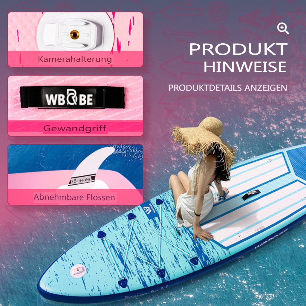 WaveRite SUP-Board aufblasbares SUP Board Stand up Paddle Board 335×84×15cm, für 1-2 Personen, 200kg Tragfähigkeit, rutschfest, Komplett-Set