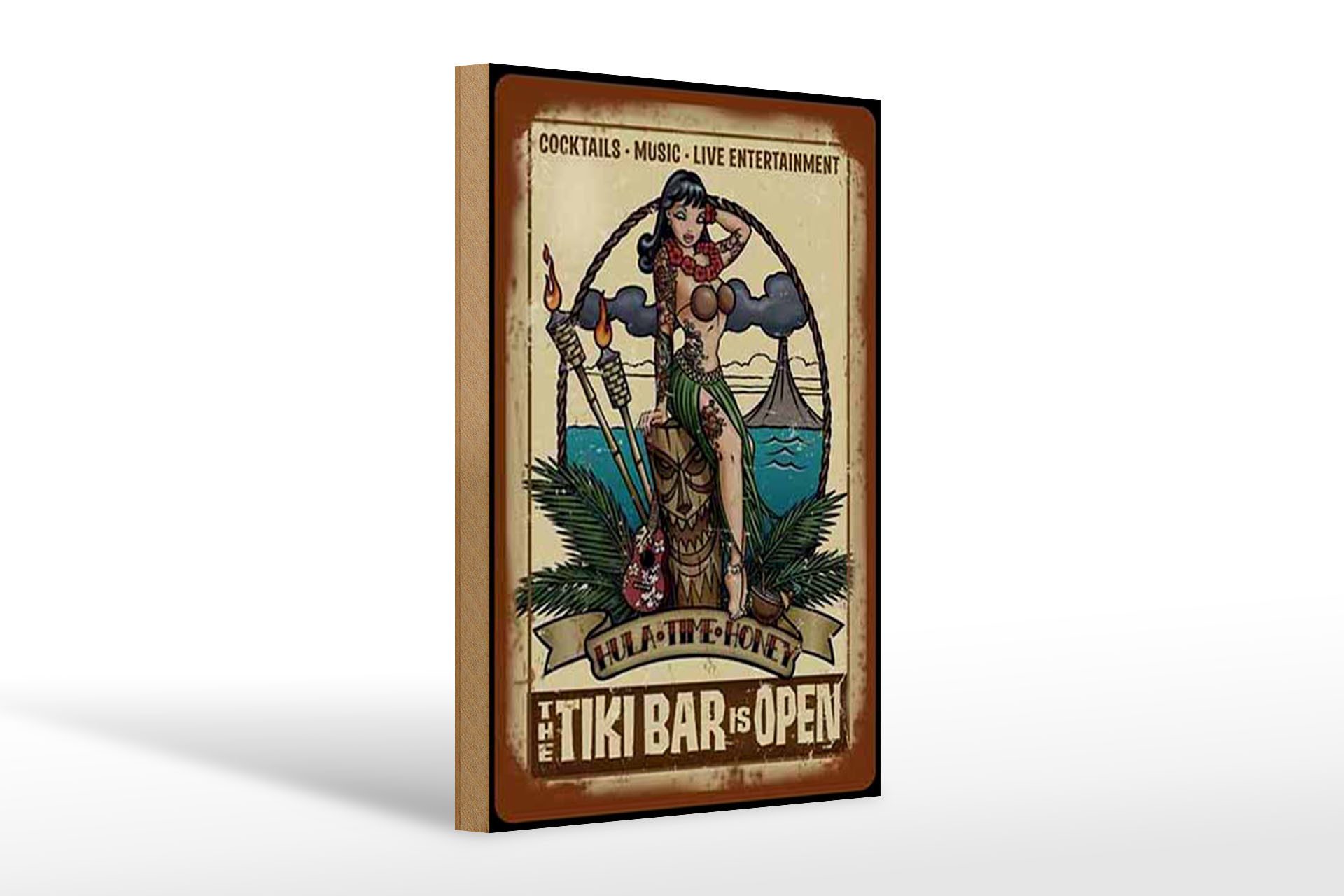 Femer GmbH Holzbild Pin Up 20x30cm TIKI Bar is Open Cocktail Music, Essen Trinken Genuss, Feiern Party Musik (1 St), Glatte Holzfaserplatte (MDF), vorn beschichtet