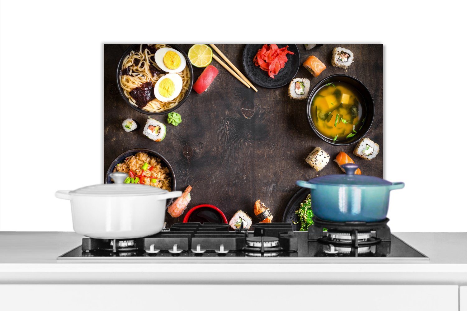 MuchoWow Küchenrückwand Sushi - Essstäbchen - Kräuter - Gewürze, (1-tlg), 60x40 cm, Herdblende aus Wandschutz, Temperaturbeständig küchen