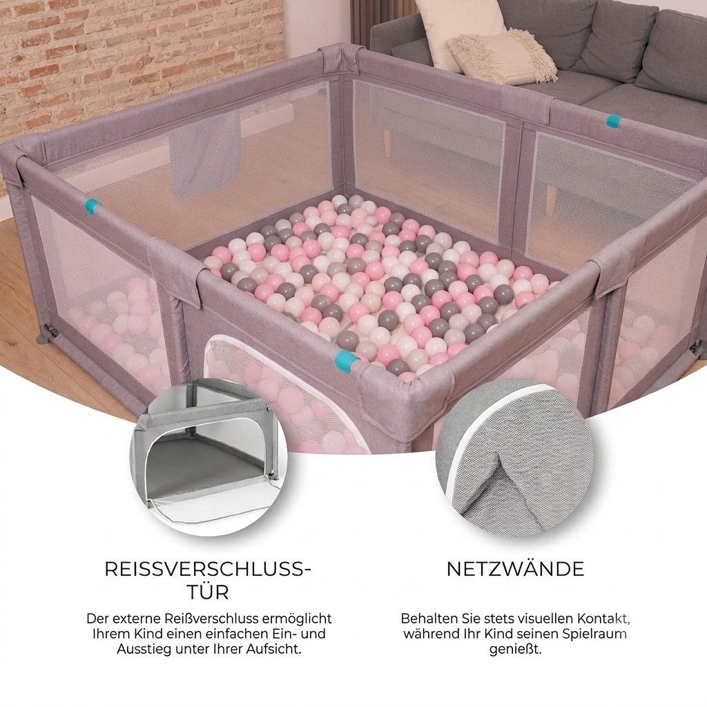 jahesta Laufstall XXL Baby Laufstall 180x200 cm mit Netzseiten und Sicherheitstür (XXL Baby Laufstall 180x200 cm mit Netzseiten und Reißverschluss), XXL 180x200 cm, Netzseiten, Reißverschluss, stabile Konstruktion