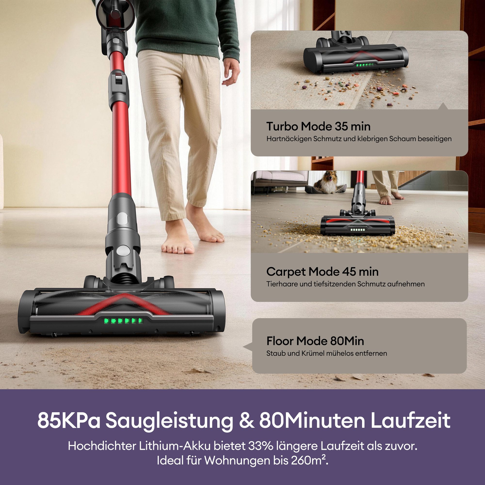 Ultenic Akku-Hand-und Stielstaubsauger akkustaubsauger,kabellos,8 in 1/85000PA/80min, 600 W, beutellos, 180°flexibles Biegegelenk, selbststehendes Design
