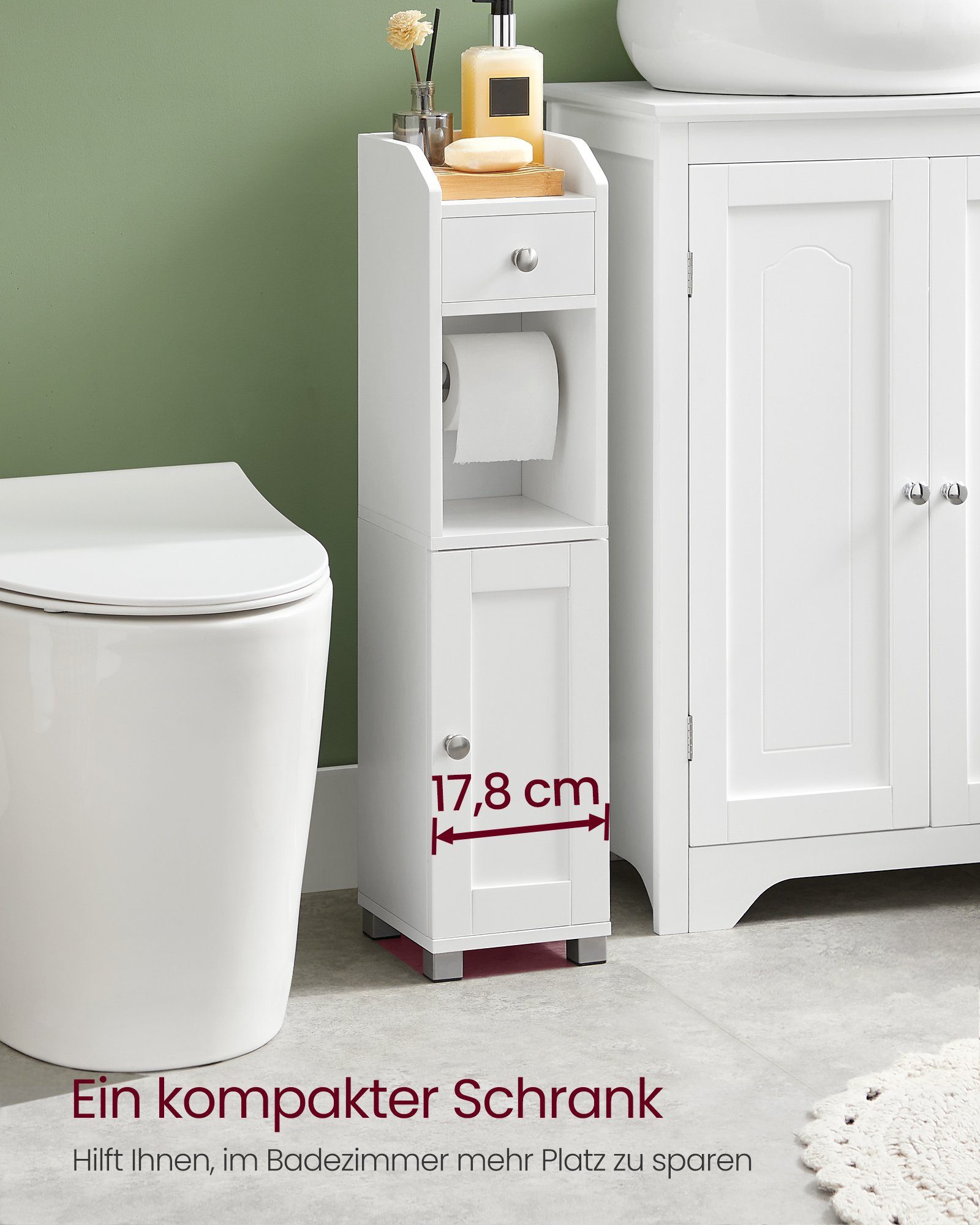 VASAGLE Badkommode Toilettenschrank Badezimmerschrank Badschrank Badregal, mit Verstellbarer Ablage, wasserdichte Füße, für kleine Räume