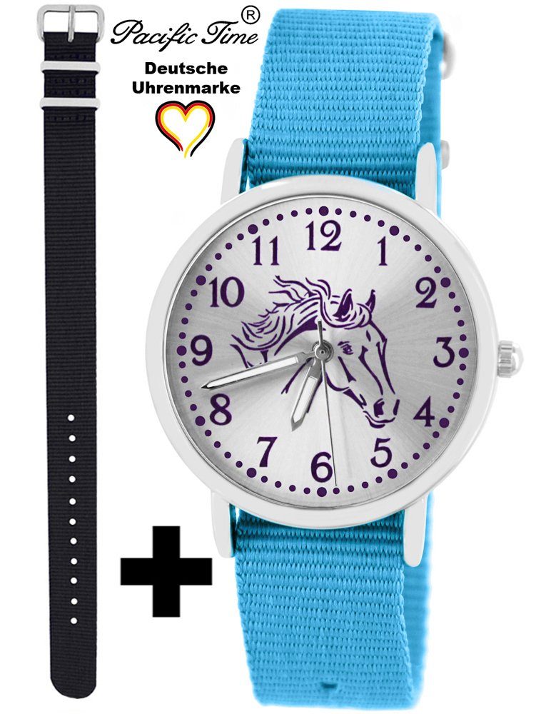 Pacific Time Quarzuhr Set Kinder Armbanduhr Pferd violett Wechselarmband, Mix und Match Design - Gratis Versand schwarz und hellblau