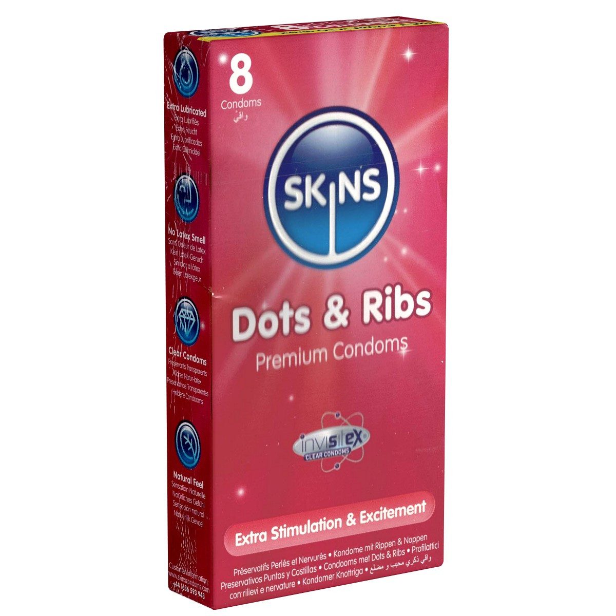 SKINS Condoms Kondome Dots & Ribs, samtweiche Oberfläche, fühlt sich an wie "echt", Packung mit, 8 St., gerippt/genoppte Kondome, durchsichtiges Latex (kristallklar), kein Latexgeruch