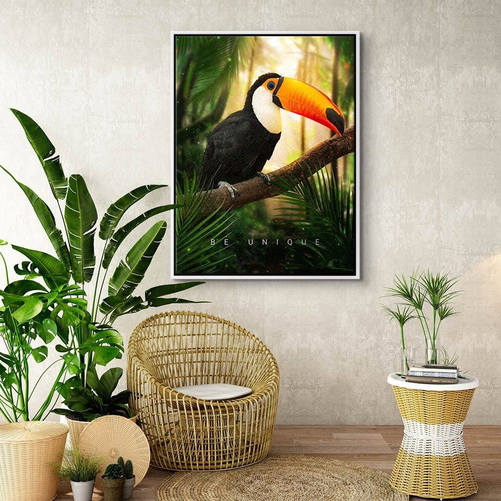 DOTCOMCANVAS® Leinwandbild BE UNIQUE, BE Wandbild Motivation grün schwarz orange Rahmen Englisch, Vogel schwarzer Dschungel rot weiß