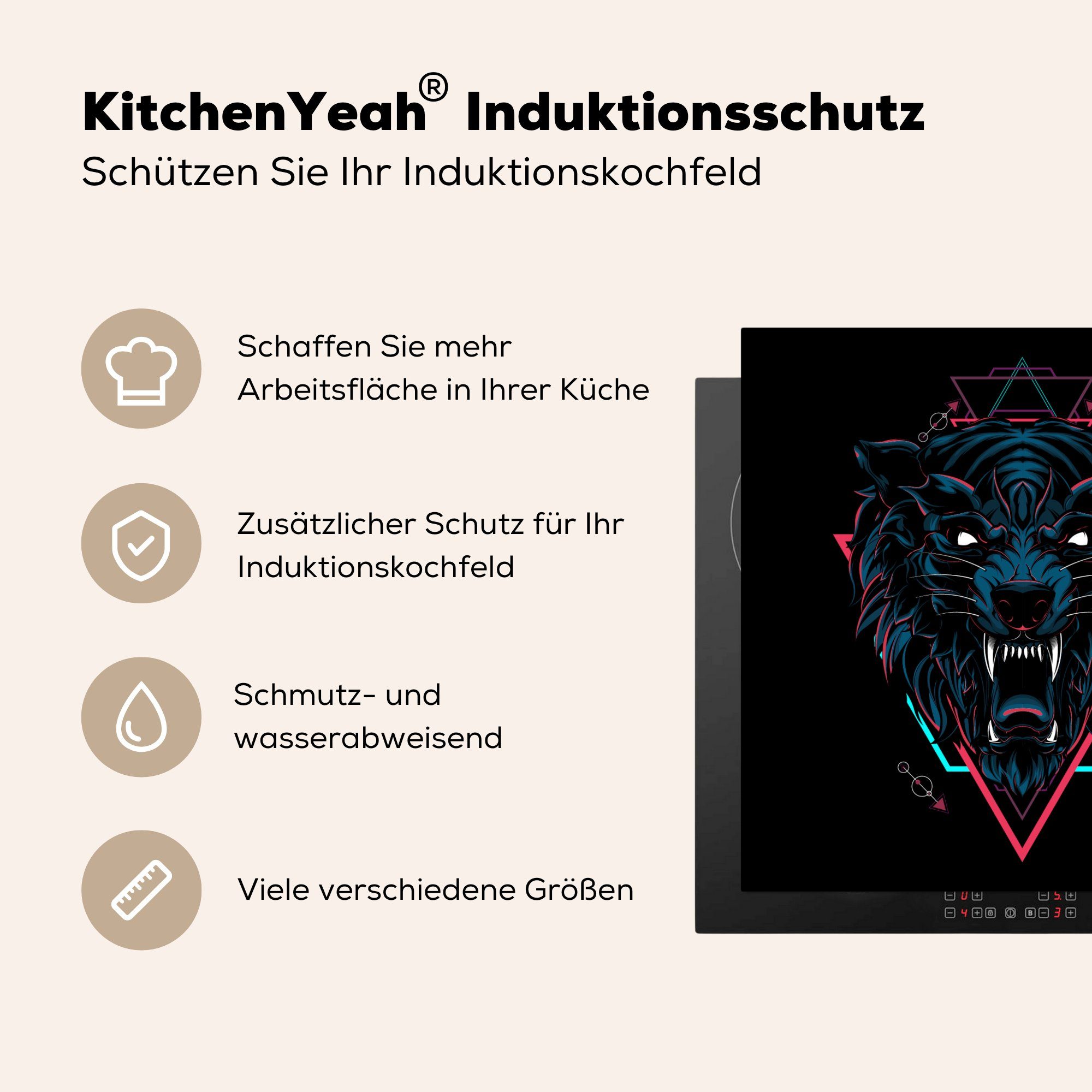 - MuchoWow Herdblende-/Abdeckplatte - tlg), Arbeitsplatte Wolf küche für (1 Vinyl, 78x78 Kopf, Schwarz cm, Ceranfeldabdeckung,