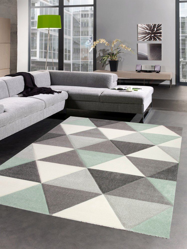 Teppich Teppich Wohnzimmerteppich Dreieck grün grau creme, Carpetia, rechteckig, Höhe: 13 mm
