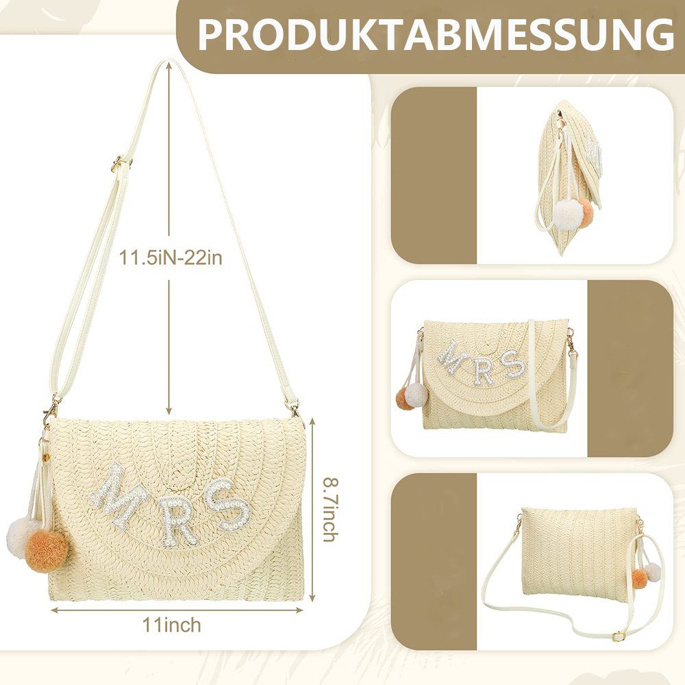 Rhinestone Shoulder Pearl Wallet Beige(Stil2) Geldbörse GelldG Straw Envelope Bag Woven Purse