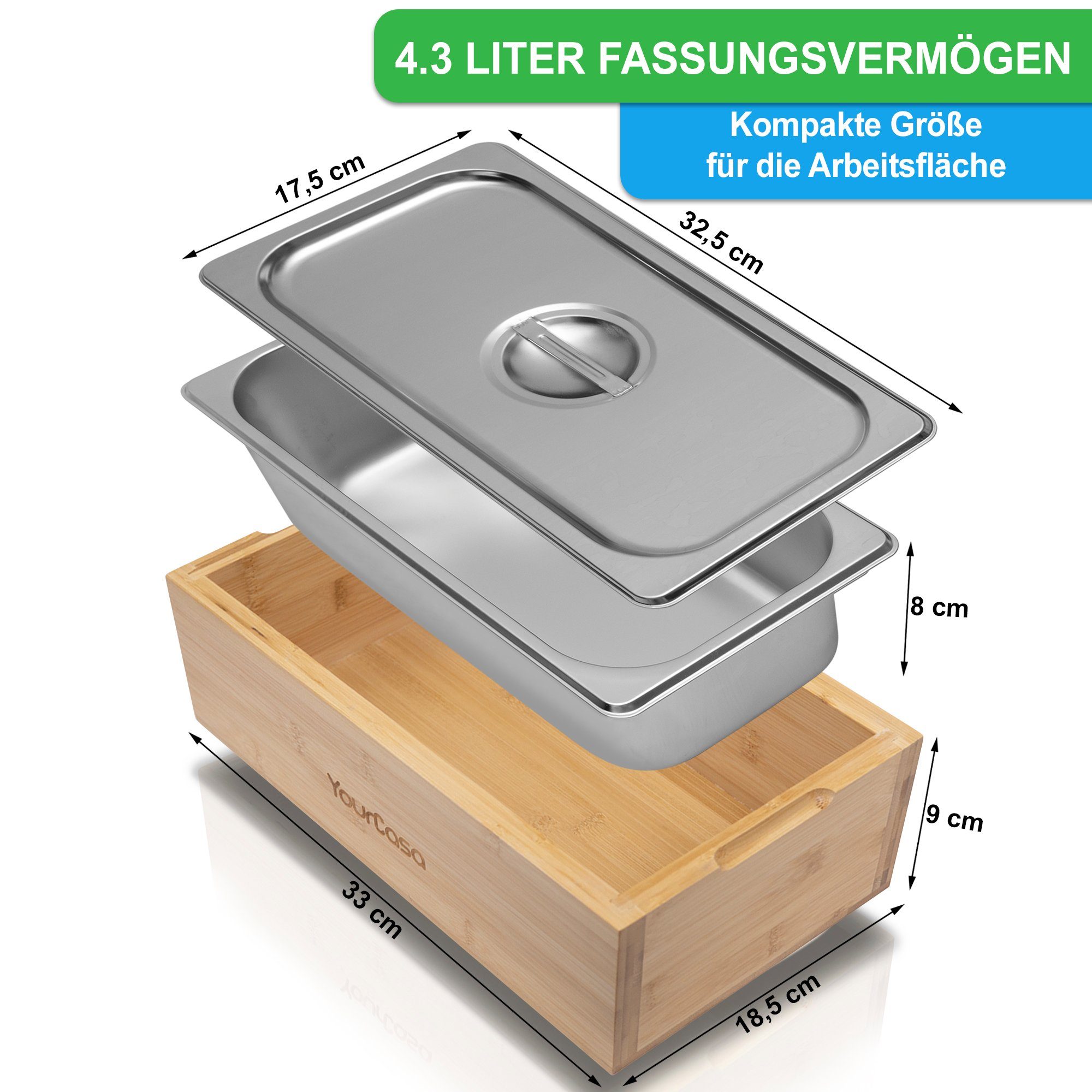 YourCasa Biomülleimer Küche - Echtholz & Edelstahl für alltäglichen Bio Müll - Komposteimer, Fassungsvermögen, 4l, Edelstahl – Bild 5 von 5