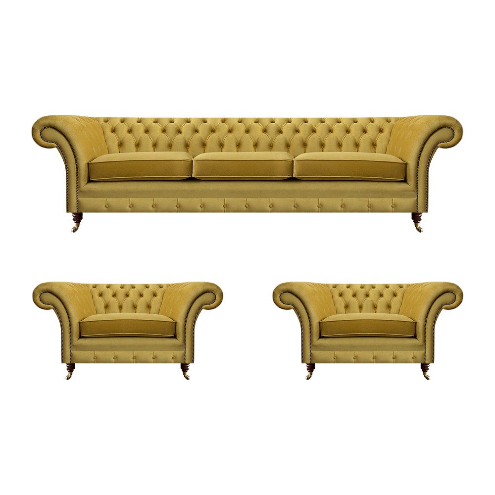 JVmoebel Chesterfield-Sofa Gelb Sofagarnitur Komplett 3tlg Sofas Textil Sessel Neu Chesterfield, 3 Teile, Made in Europa