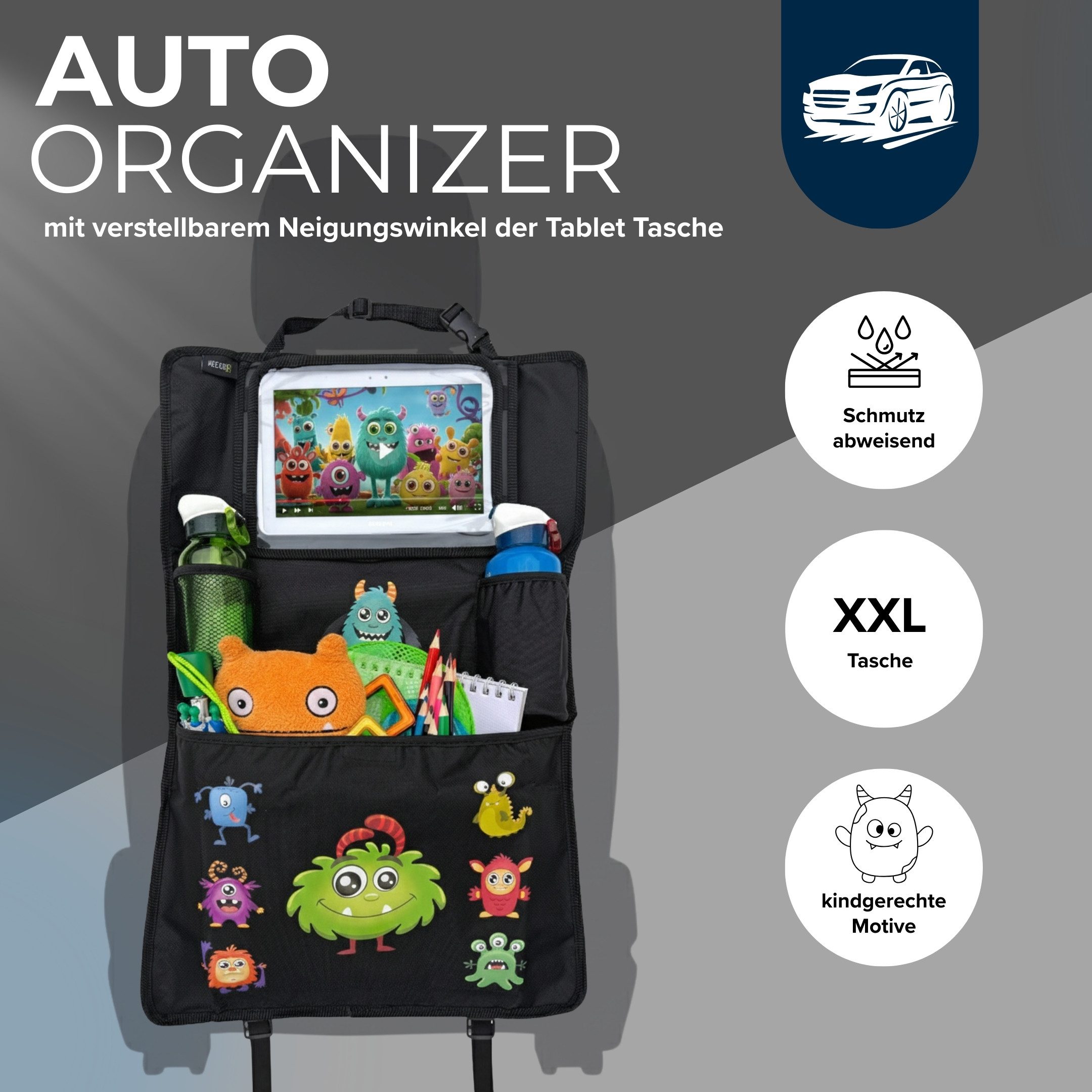 HECKBO Rücksitzorganizer Kinder Auto Organizer Monster (2-tlg)
