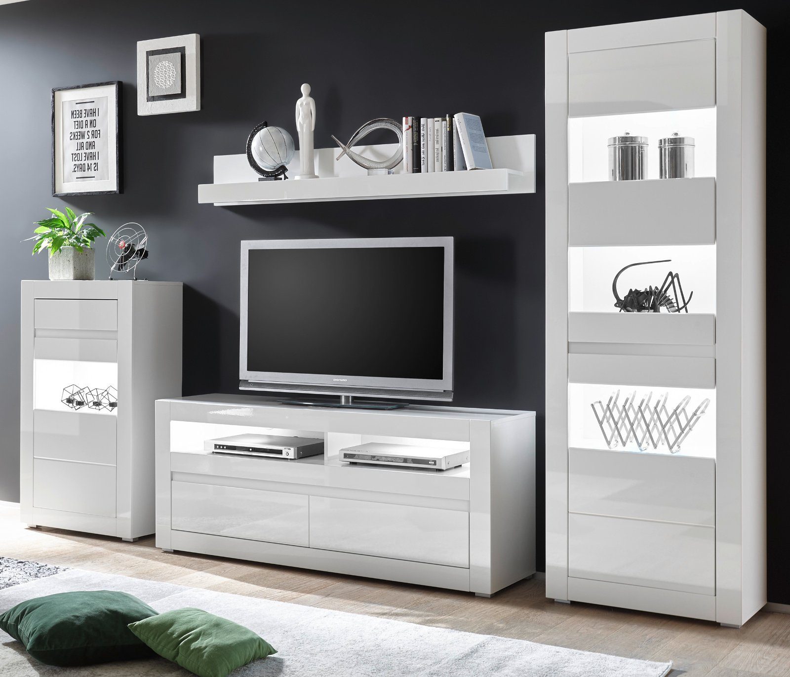 Furn.Design Wohnwand Nobile, (Anbauwand 4-teilig in weiß, 300 x 198 cm), Hochglanz, mit Soft-Close