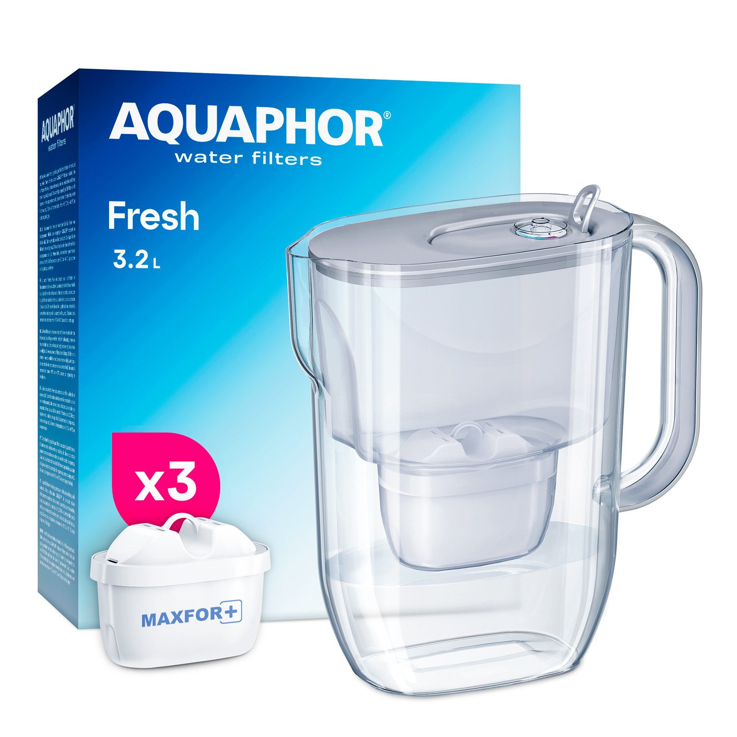 AQUAPHOR Kalk- und Wasserfilter FRESH SET Filterkanne inkl. 3x MAXFOR+ Filterkartusche, grau, Zubehör für Filterkartuschen MAXFOR+, +H hartes Wasser & MAXFOR+ Mg. Magnesium, 200 l, /Reduziert Kalk, Chlor & weiteren Stoffen. BPA frei