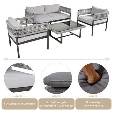 REDOM Gartenlounge-Set Gartenmöbel-Set, (Gartenmöbel-Set aus Seil, 4-tlg., inklusive aller Sitz- und Rückenkissen), mit verzinktem Eisenrahmen,verstellbare Füße,glatte Glastischplatte