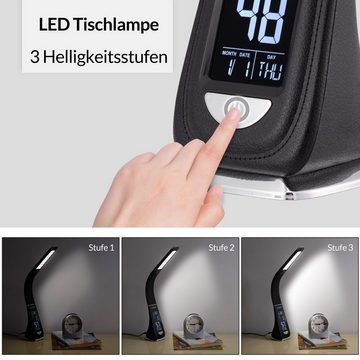 monzana Schreibtischlampe Lilly, Schwarz, LED, neutralweiß, LED Schreibtischlampe mit Display Kalender Uhr Wecker Thermometer