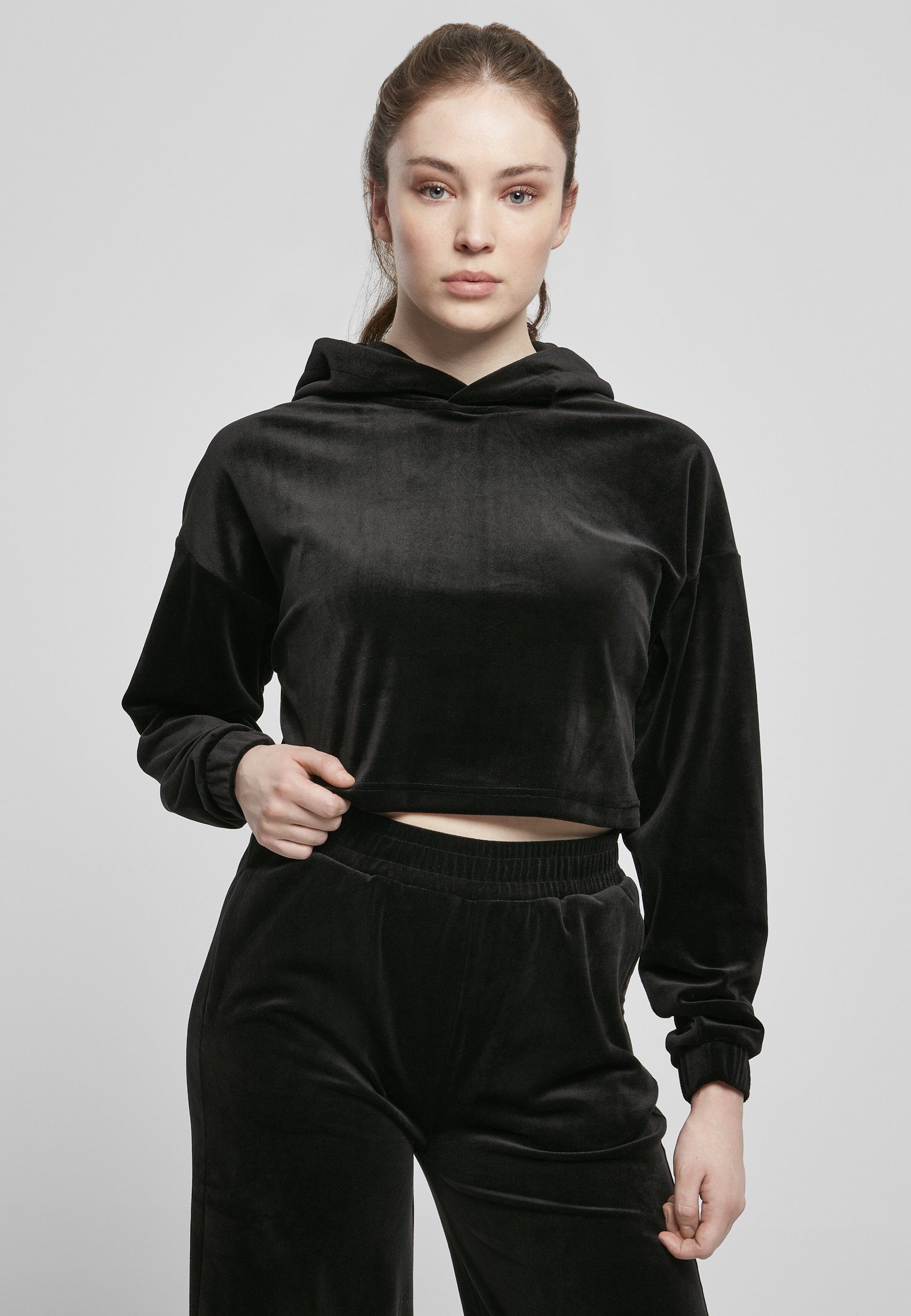URBAN CLASSICS Kapuzenpullover Damen Ladies black Cropped (1-tlg) Velvet Oversized Hoody