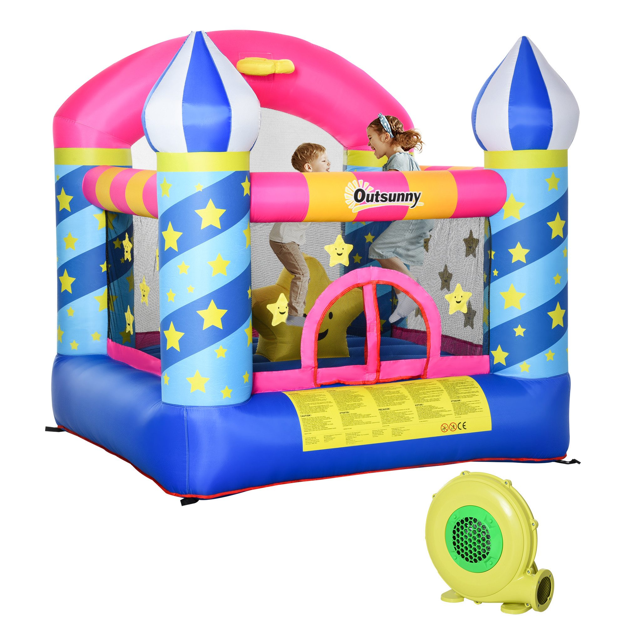 Outsunny Hüpfburg Mit Korb für 2 Kinder Burg mit Gebläse Spielhaus für 3-12 Jahre, (Spielzeug, 1-tlg., Springburg), Mehrfarbig 195 x 195 x 215 cm
