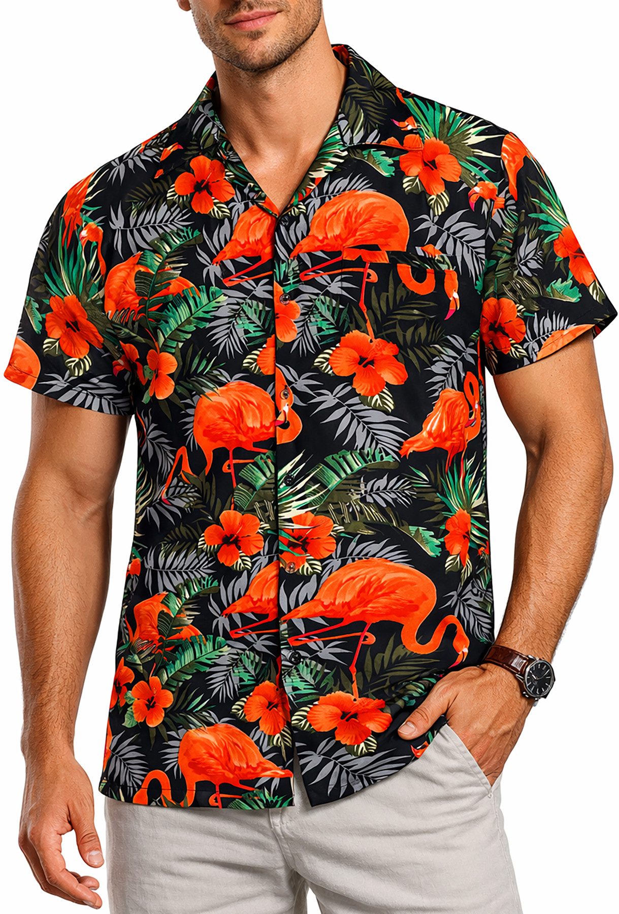 King Kameha Hawaiihemd "Flamingo Flowers" Funky Hawaii-Hemd Herren Kurzarm Front-Tasche