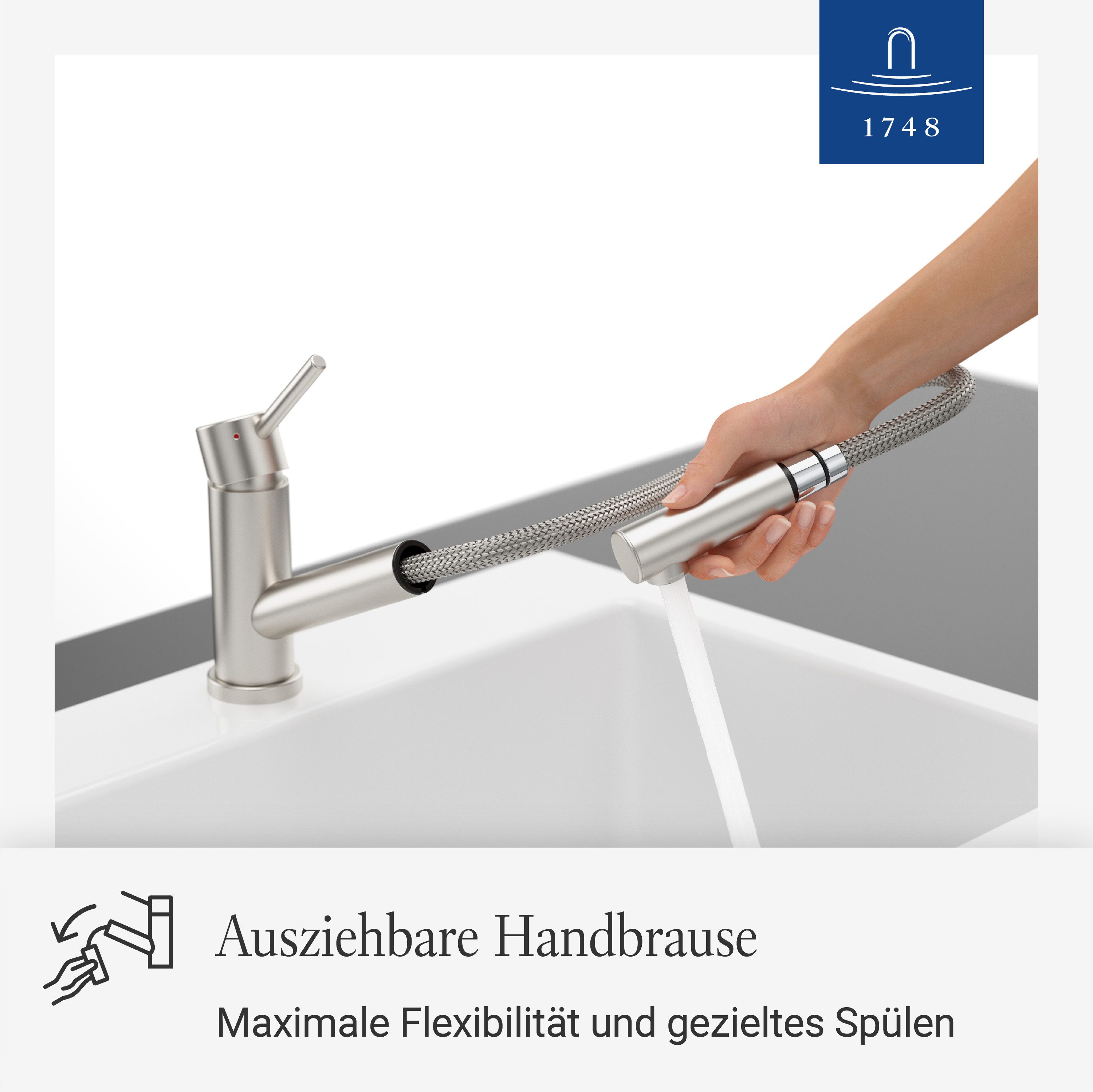 Villeroy & Boch Küchenarmatur Como Shower Window ausziehbare Handbrause, 120° Schwenkbereich, Edelstahl massiv
