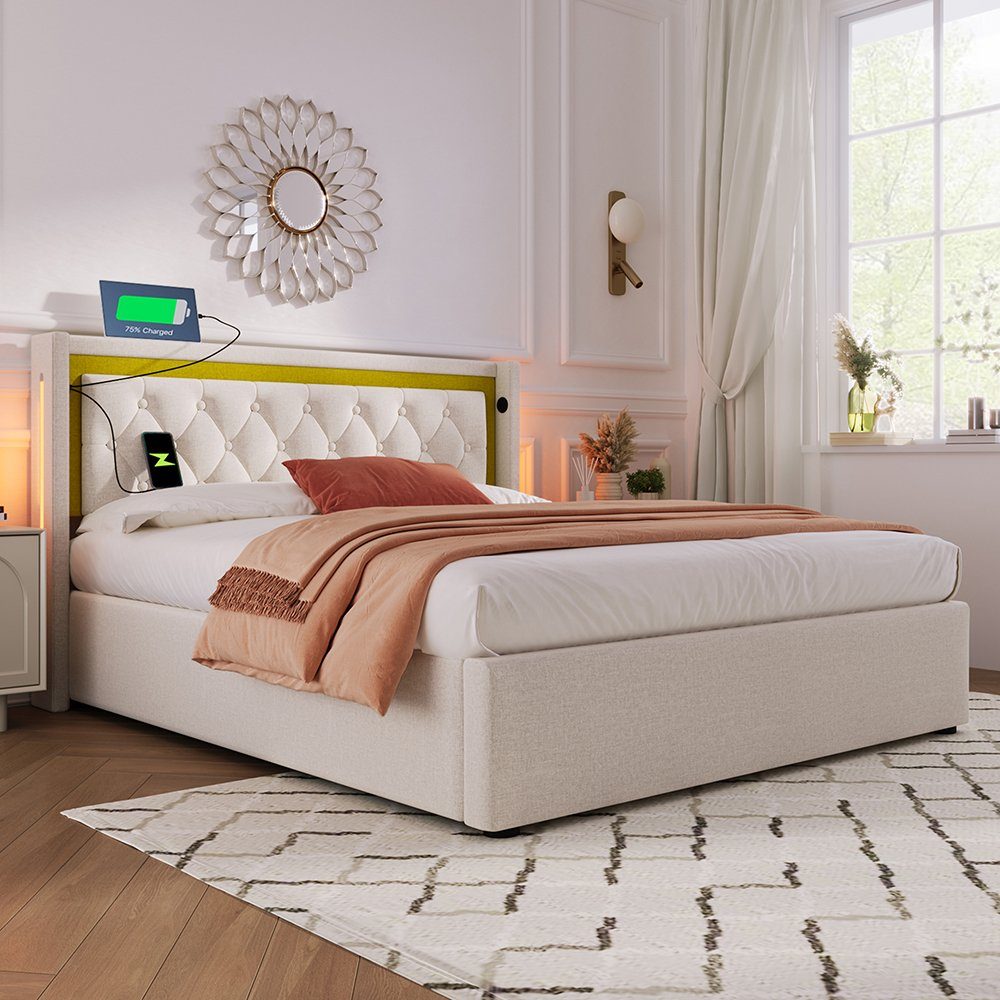Polsterbett (160x200cm Doppelbett mit Lattenrost, LED-Beleuchtung und Matratze), Stauraumbett mit USB Typ C Ladefunktion Kopfteil, Baumwolle-Leinen