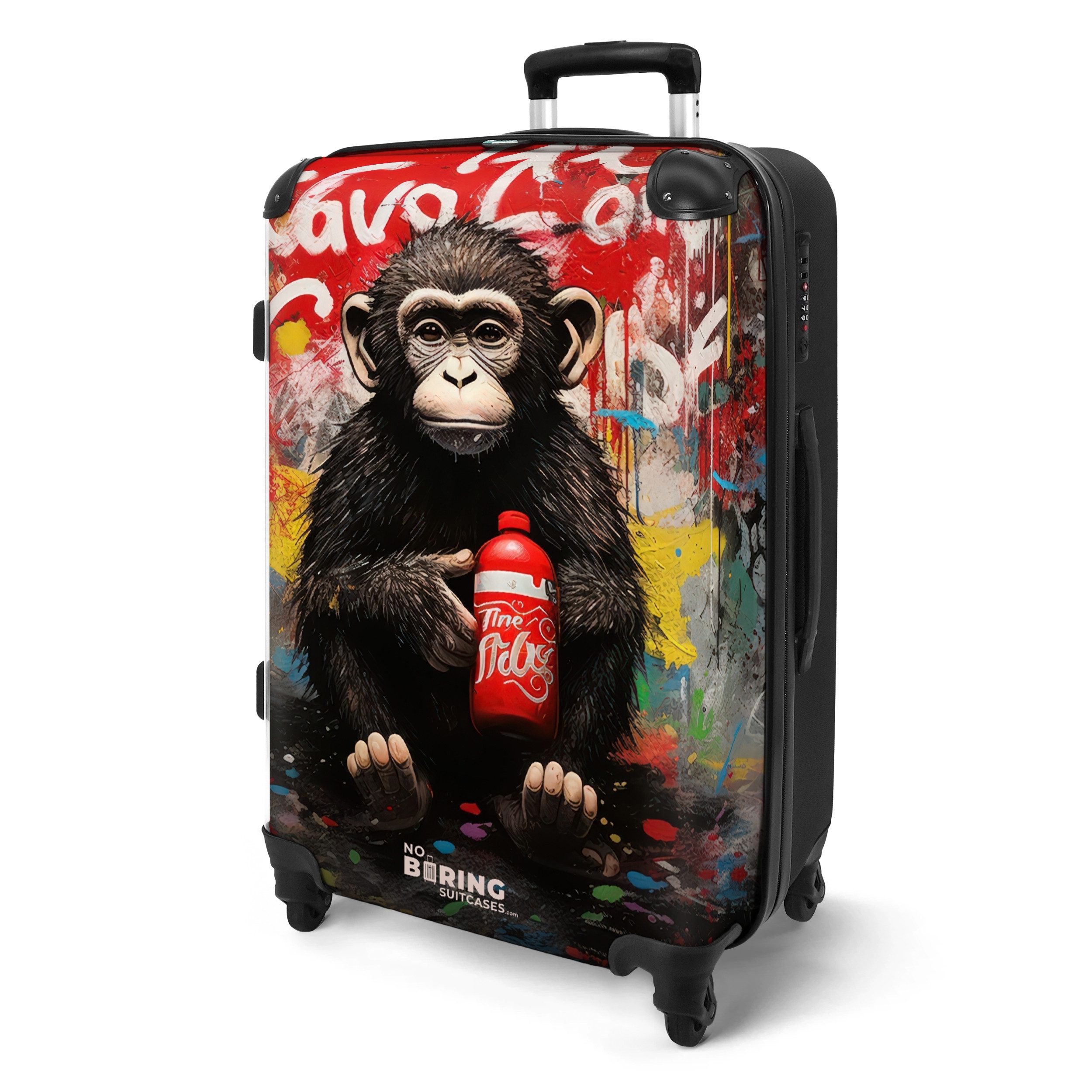 NoBoringSuitcases.com© Hartschalen-Trolley mit leuchtende Räder - Schimpanse vor einer Graffiti-Wand 67 cm - 72 L, 4 Rollen, Koffer Mittelgroß für 20kg, Suitcase für Erwachsene, Reisekoffer