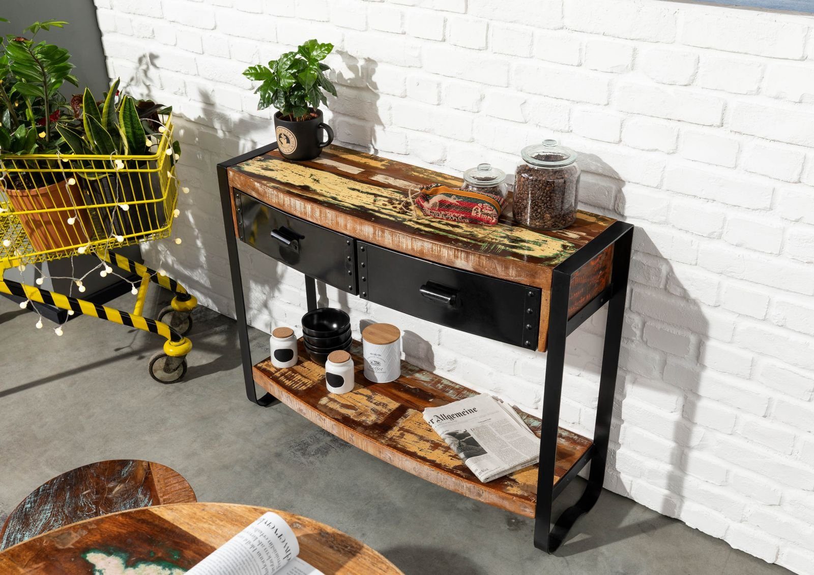 Massivmoebel24 Konsolentisch INDUSTRIAL#08 (Massivholz, Massivholztisch), Konsolentisch Altholz 105x35x80 mehrfarbig lackiert INDUSTRIAL #08