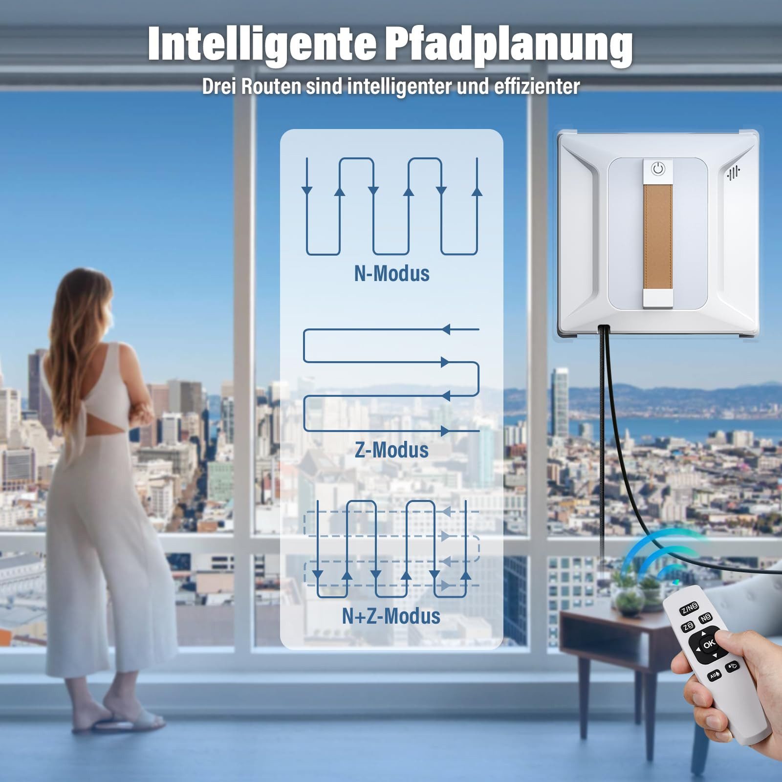 AIBISTAR Fensterputzroboter Fenstersauger Automatischer Fensterreiniger Elektrisch 6000KPA, 100 ml Wassertank,Intelligentes Sprühsystem,Absturzsicherung