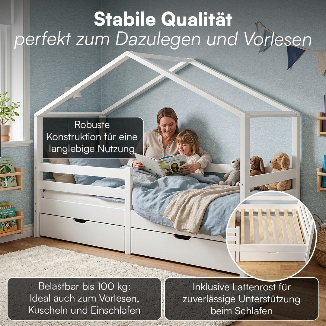 Bellabino Hausbett Abia Kinderbett mit Lattenrost und Rausfallschutz (weiß, mit zwei Schubladen), Kinderbett 90x200 cm, verfügbar in verschiedenen Ausführungen