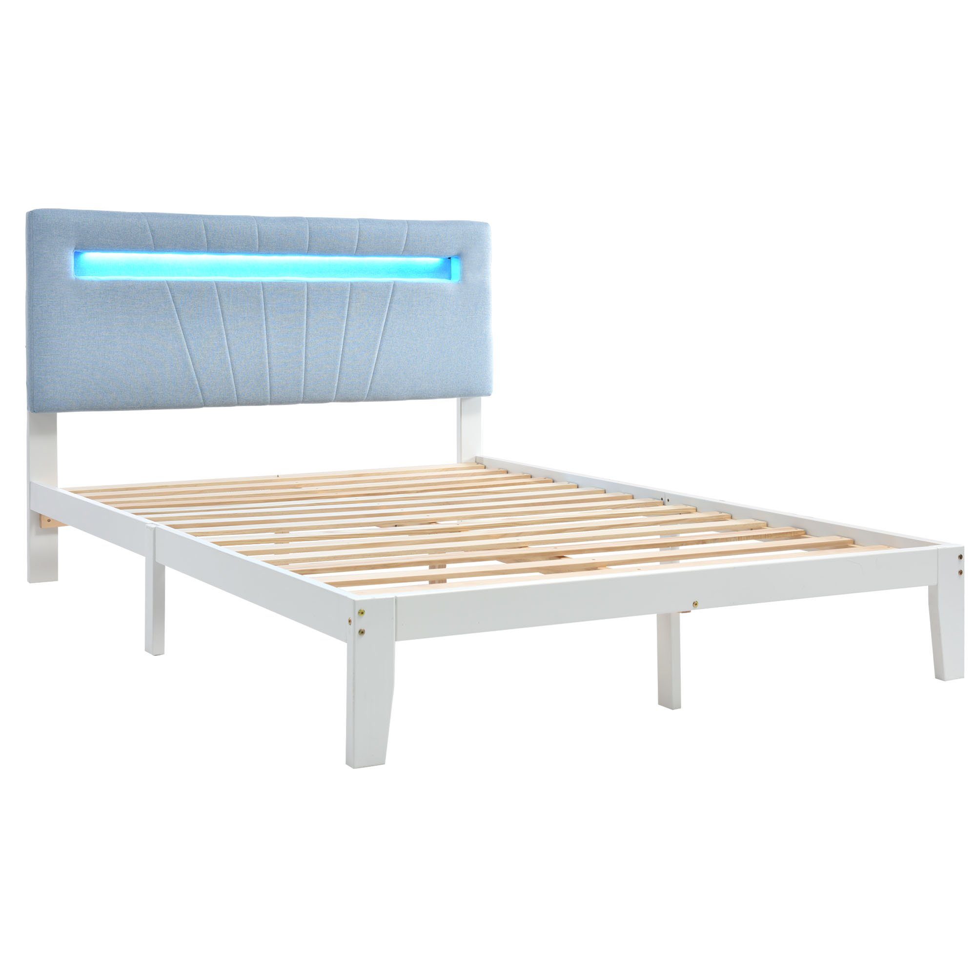 Massivholzbett (Doppelbett Jugendbett), mit LED-Beleuchtung & Polsterkopfteil, 140x200cm