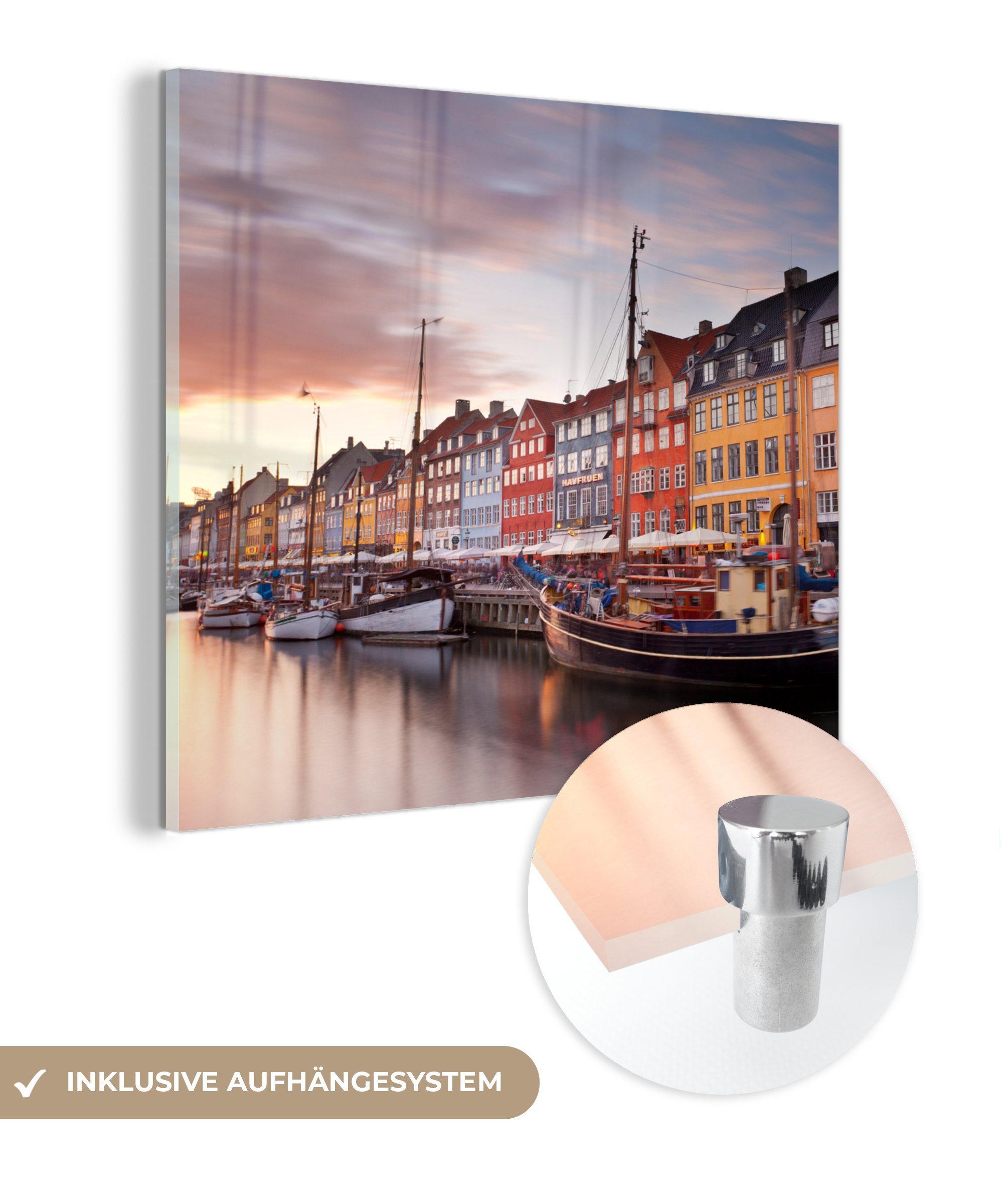St), Glas - Glas MuchoWow Foto Sonnenuntergang - auf auf - Wandbild (1 Wanddekoration Nyhavn Kopenhagen in Acrylglasbild Glasbilder - Dänemark, Bilder