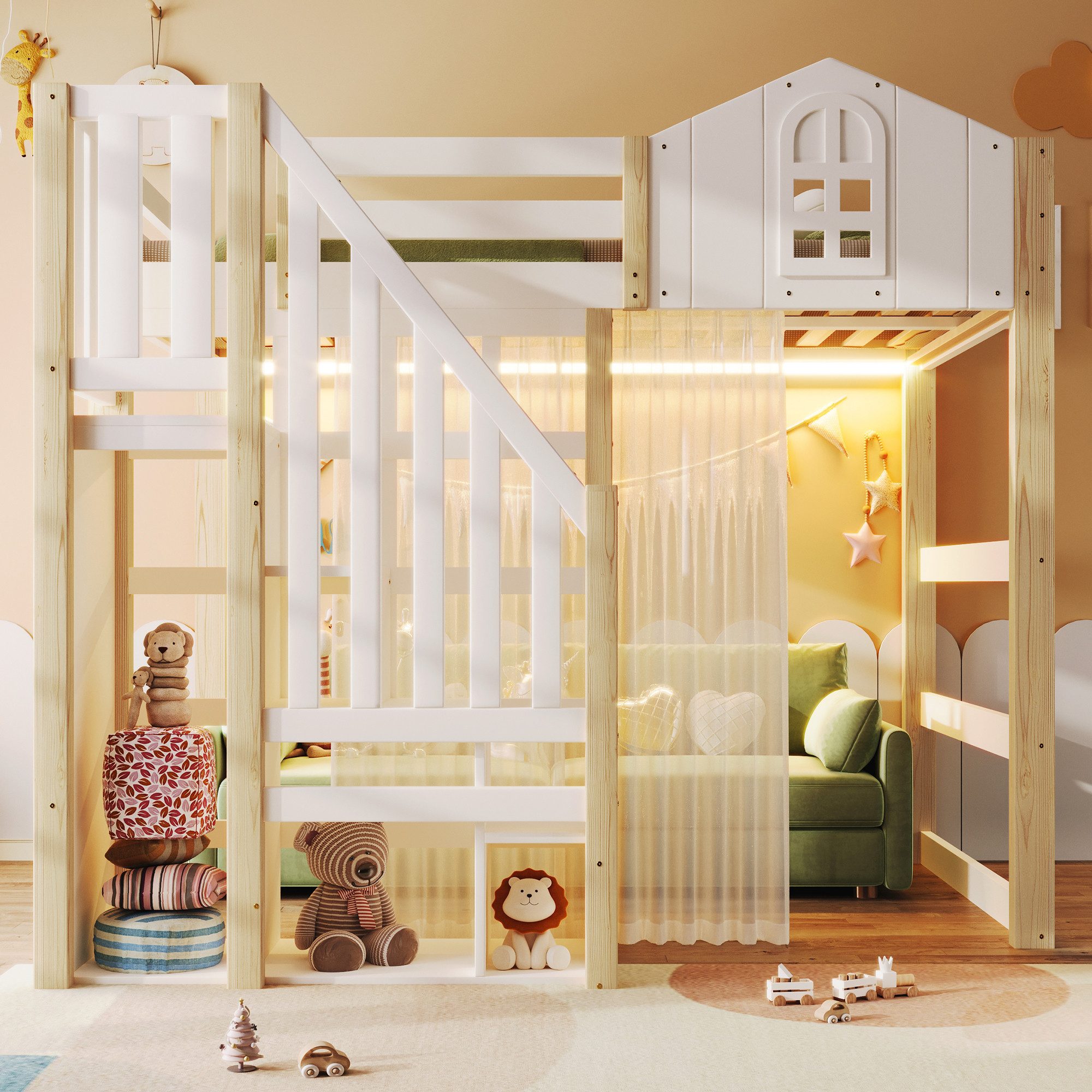 Flieks Hochbett Kinderbett Hausbett 140×200cm mit LED, Gazevorhang, Stauraumtreppe