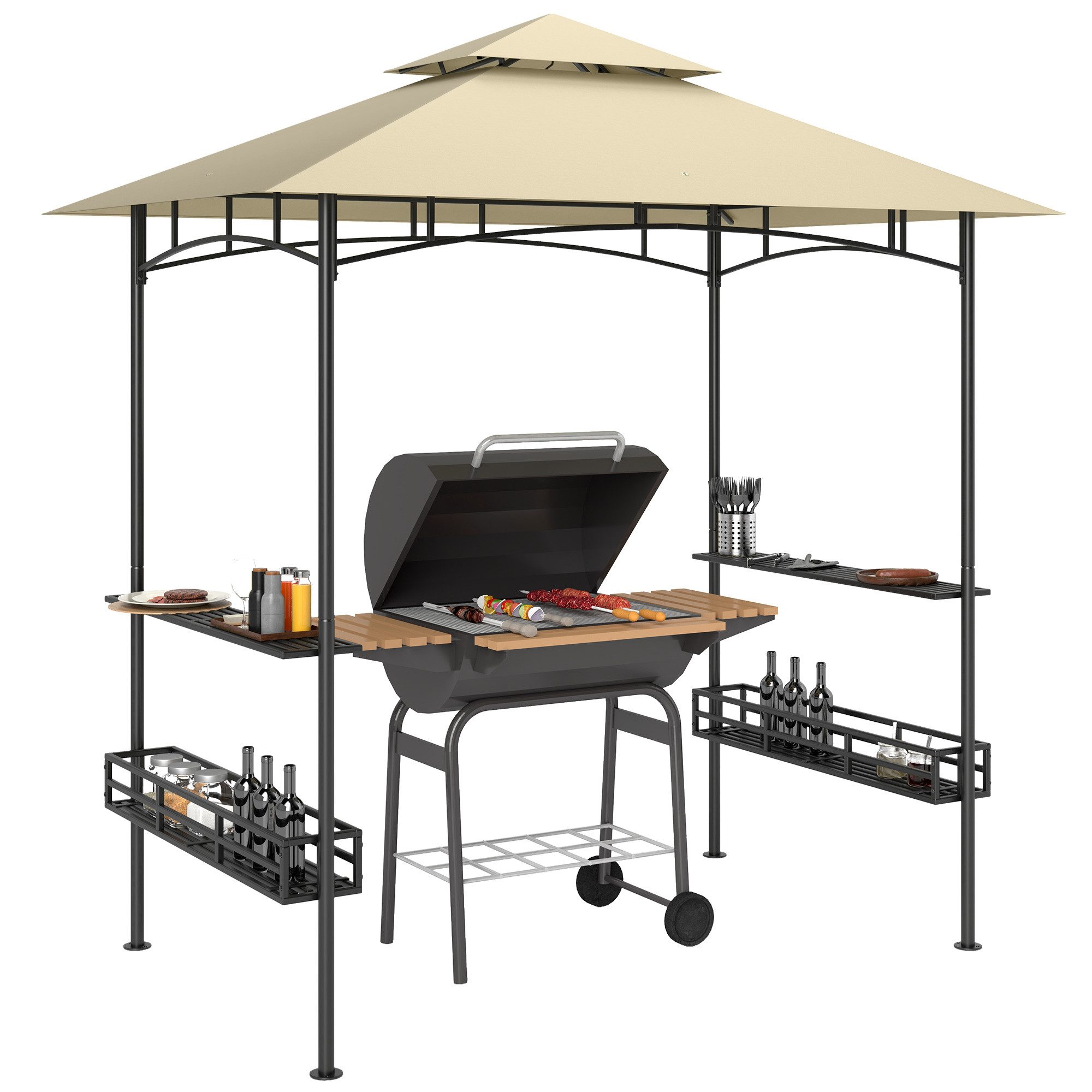 MC Star Pavillon Grill-Zelt, BBQ-Zelt, Gartenpavillon mit 2 Regalen, Aufbewahrungskörbe, Haken, für Terrasse, Beige
