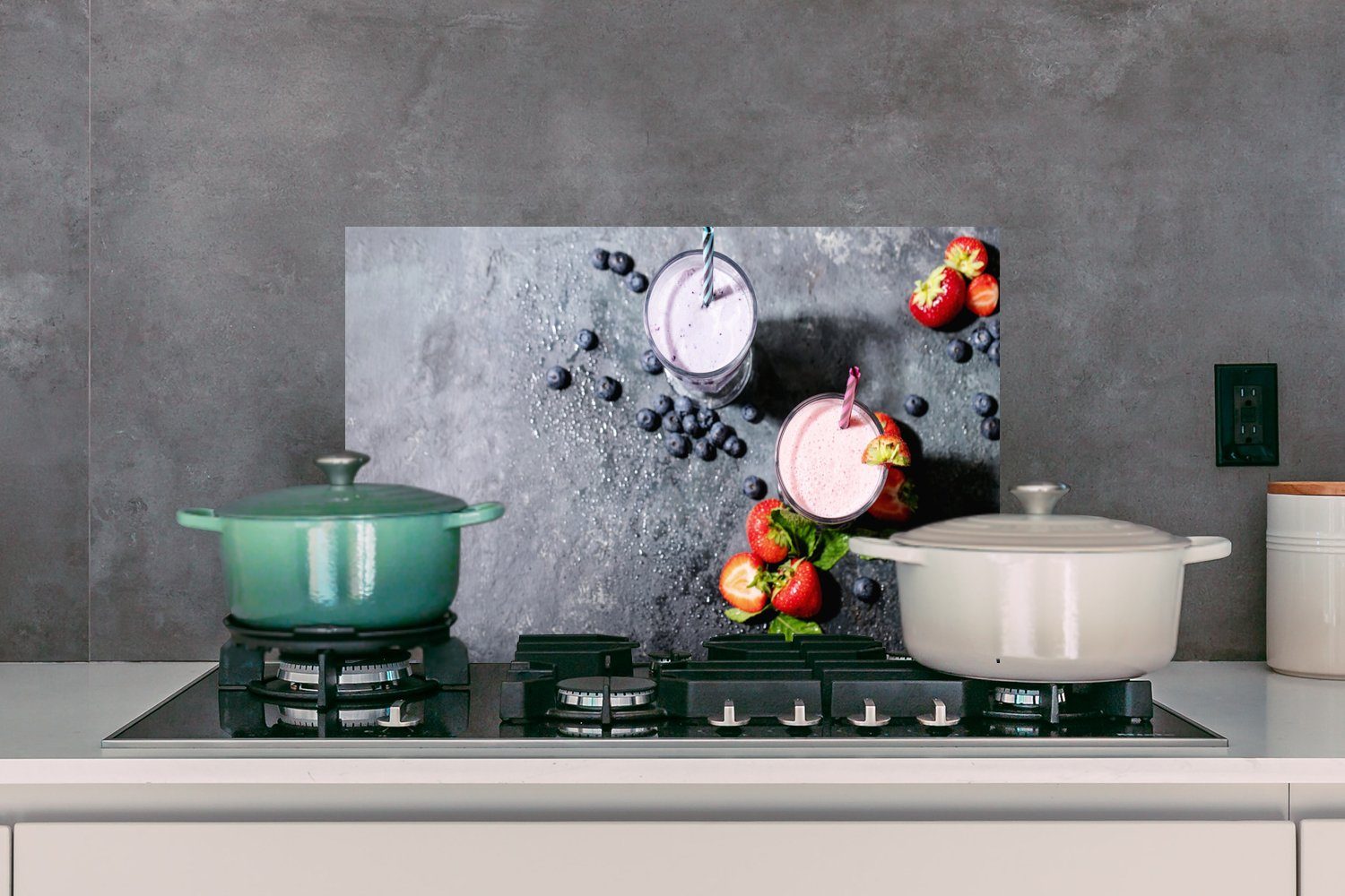 MuchoWow Küchenrückwand Smoothie - Erdbeere Temperaturbeständig (1-tlg), Beere Obst Marmor, - 60x40 Herdblende Wandschutz, küchen - - aus cm