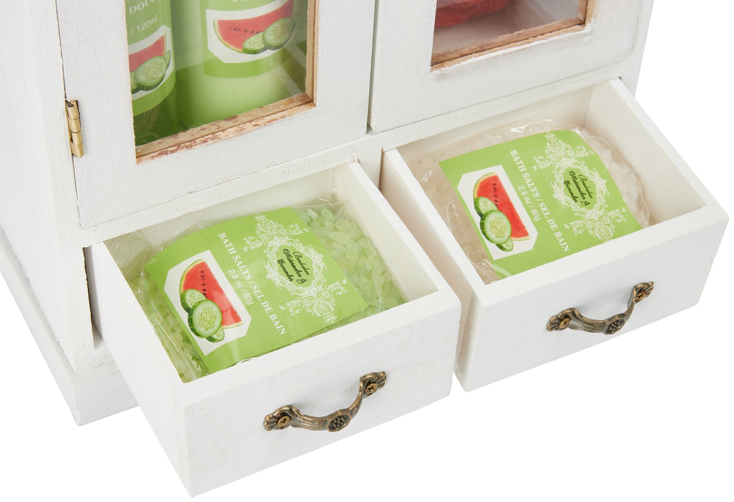 BRUBAKER Hautreinigungs-Set Bade- und Dusch Set, Pflegeset mit Melone Duft, Badeset, 10-tlg., Damen Geschenkset im Vintage-Schränkchen, reinigend und pflegend