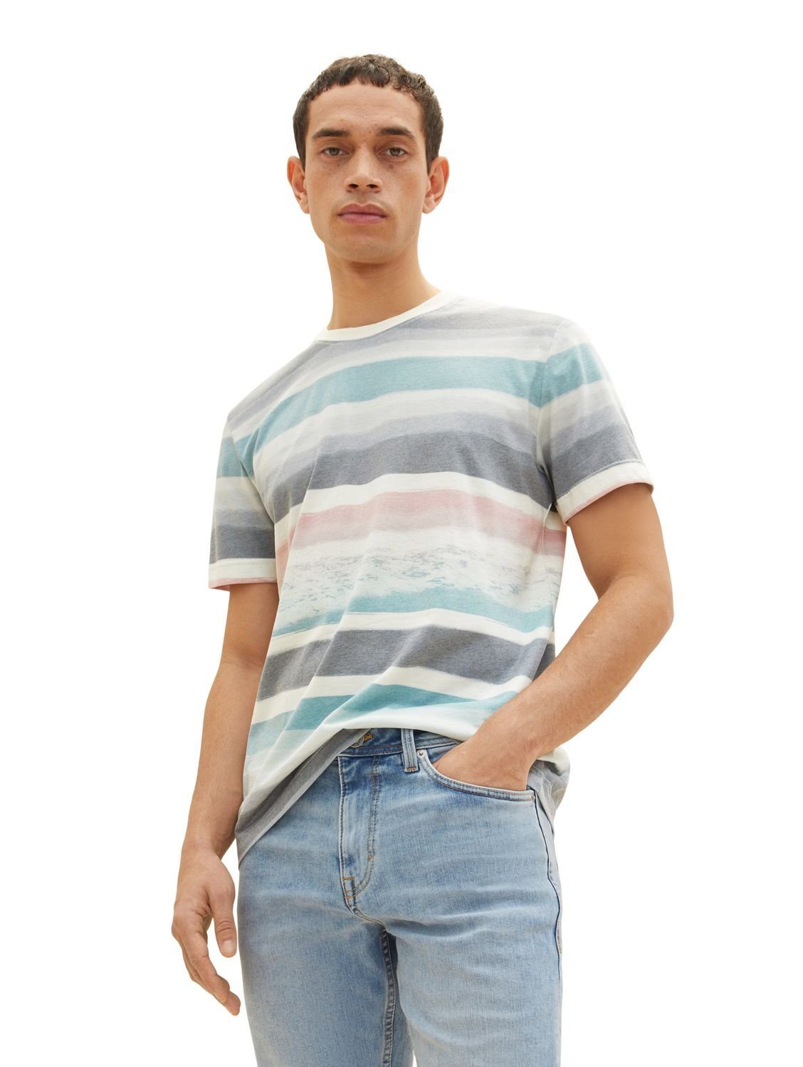 TOM TAILOR T-Shirt ALLOVER Water Color 31511 PRINTED aus Stripes Baumwollmix Beige (1-tlg) Base