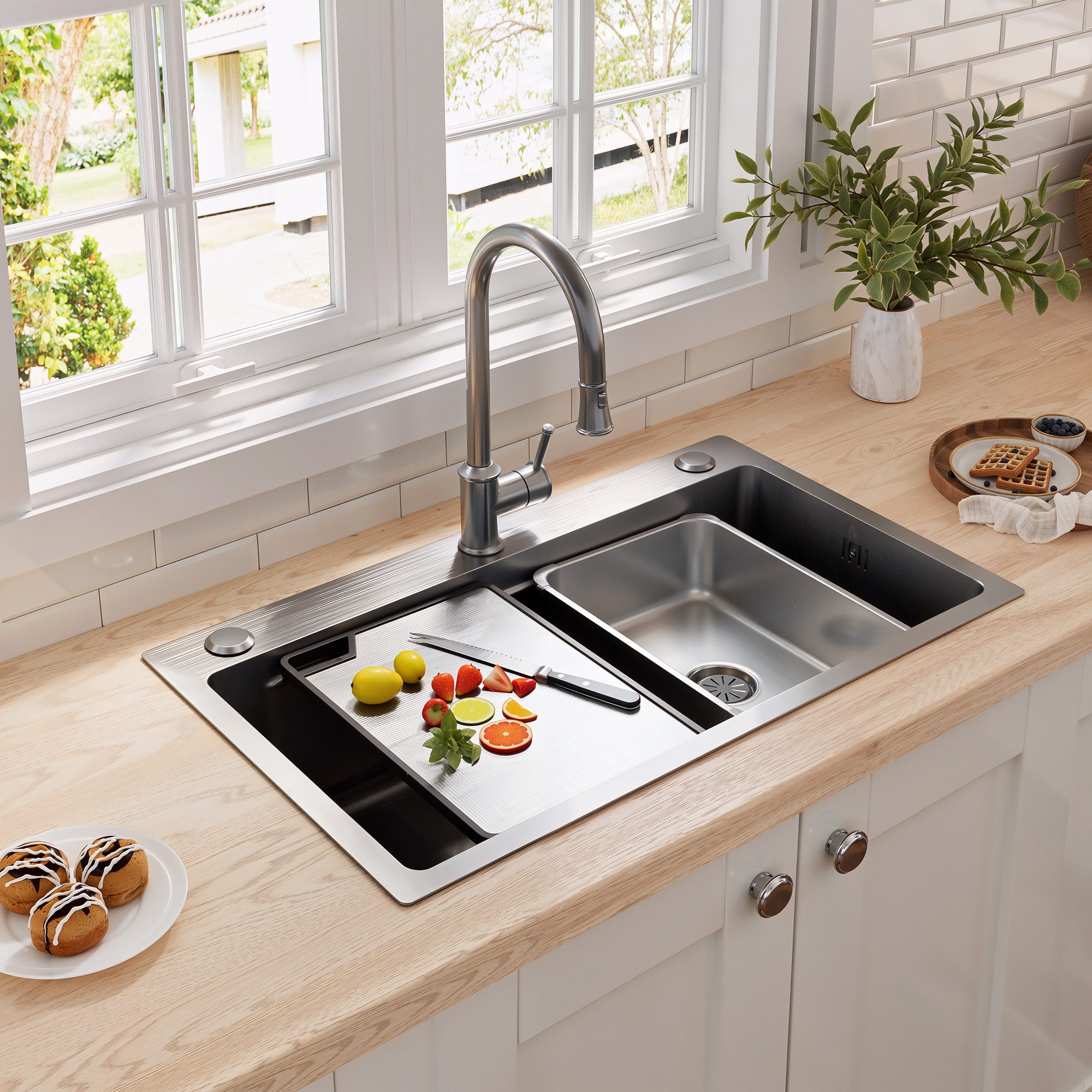 Flieks Edelstahlspüle Küchenspüle Waschbecken mit Schneidebrett, Siebkorb und Abflusszubehör, rechteckig, 75/45 cm, flächenbündiger Einbau, PVD-beschichtete Einbauspüle Spülebecken aus Edelstahl