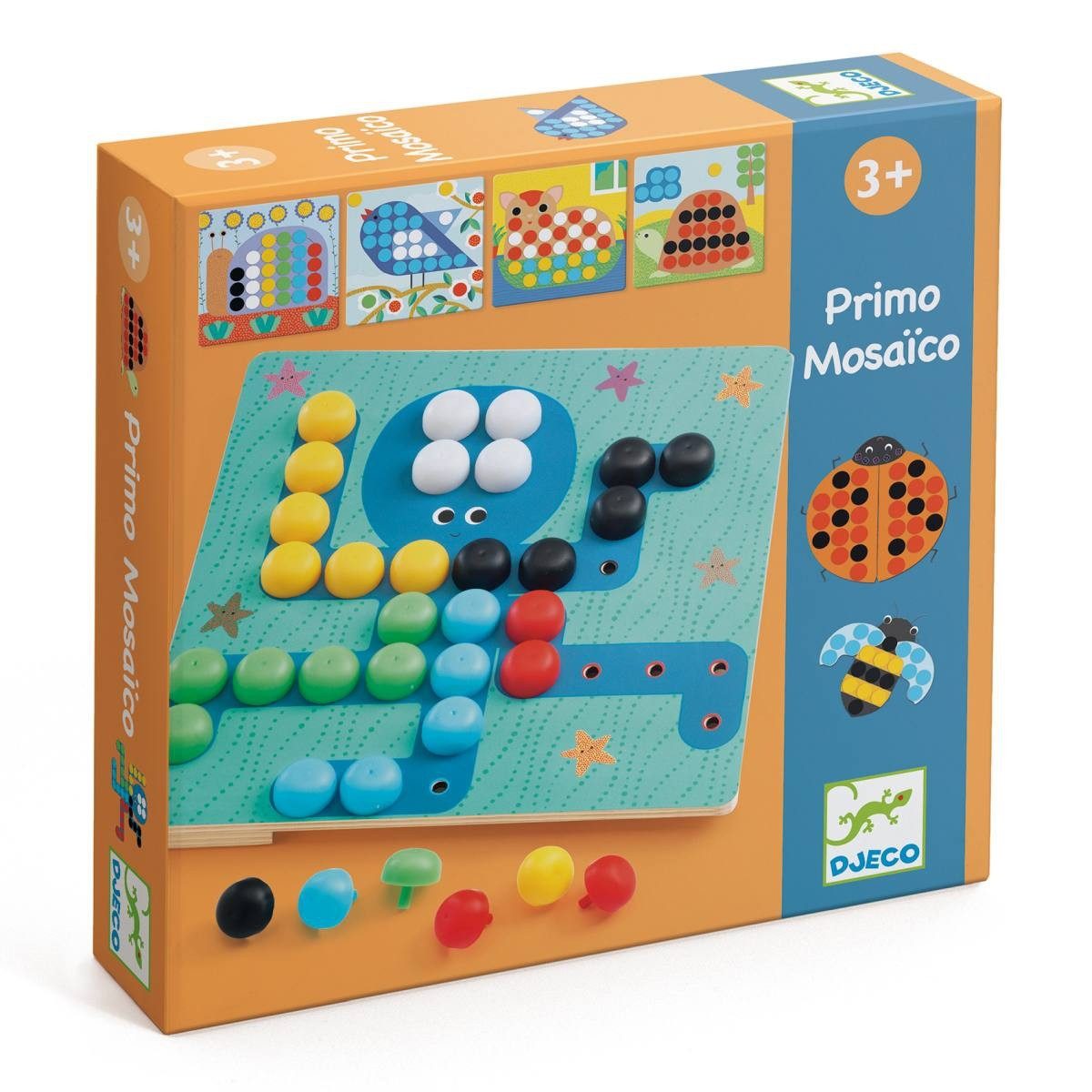 DJECO Lernspielzeug Mosaik Lernspiel für Kinder Holzbrett mit vielen Steckteilen Motiven