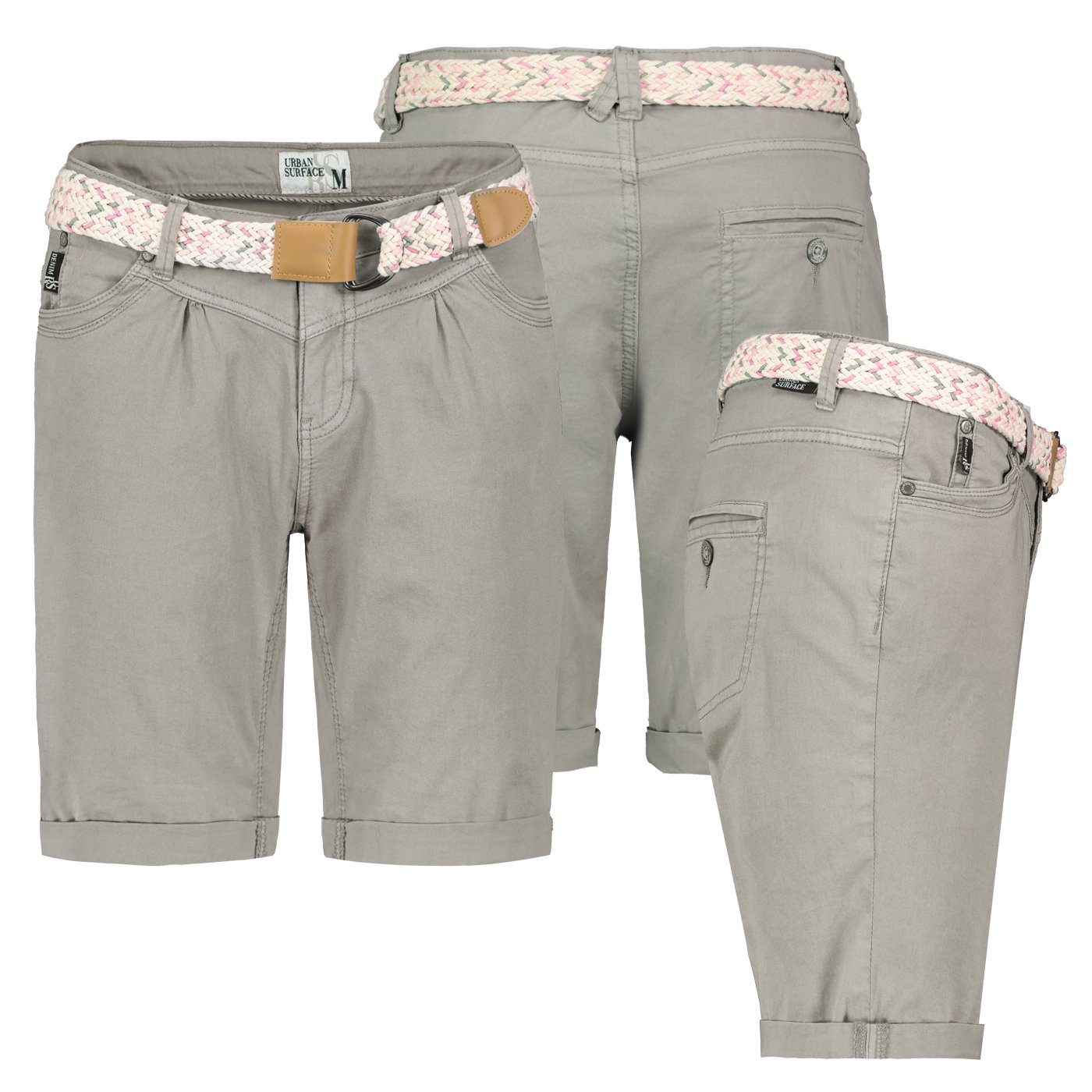 Urban Surface Bermudas Damen Short Bermuda kurze Hose Sommer Chino Stoff knielang mit Gürtel